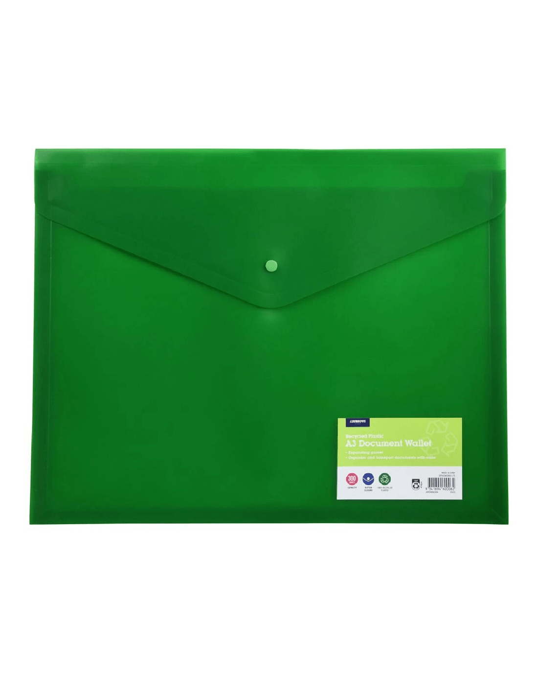 1 J.Burrows A3 Button Document Wallet Green, 1 of 3