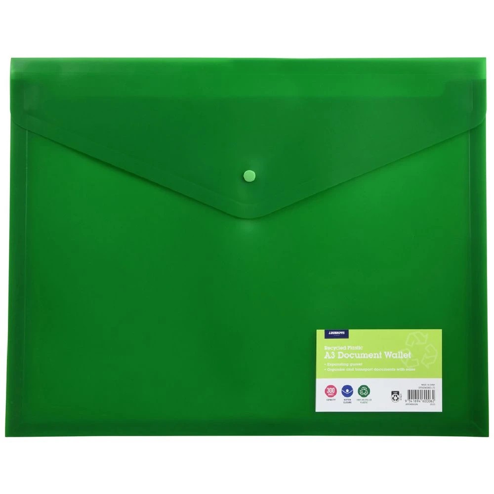 1 J.Burrows A3 Button Document Wallet Green, 1 of 3