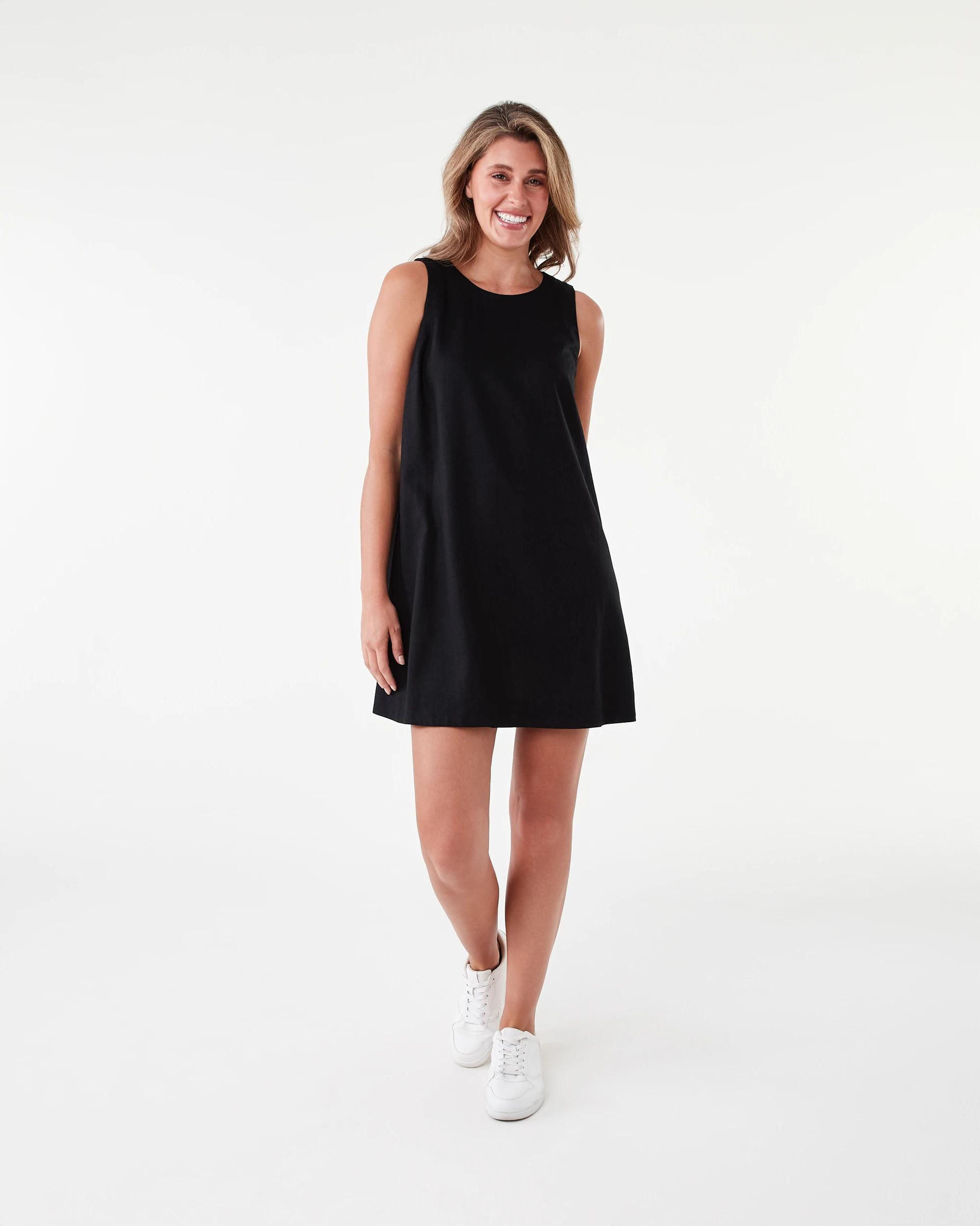 7 Sleeveless Linen Blend Button Detail Mini Dress Black, 7 of 7