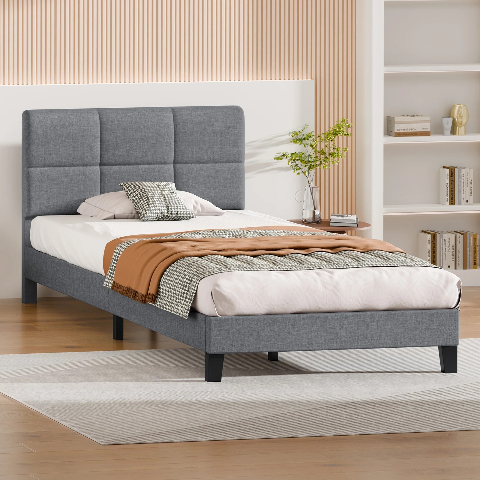 5 Alfordson Bed Frame Single Size Wooden Slats Platform Fabric Paula - Grey, 5 of 9