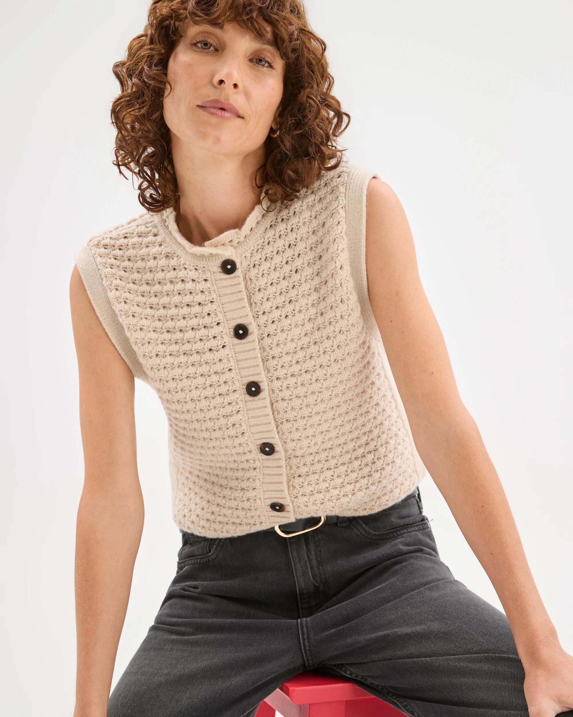 1 Target Woman Basket Stitch Ruffle Neck Vest PUMICE, 1 of 7