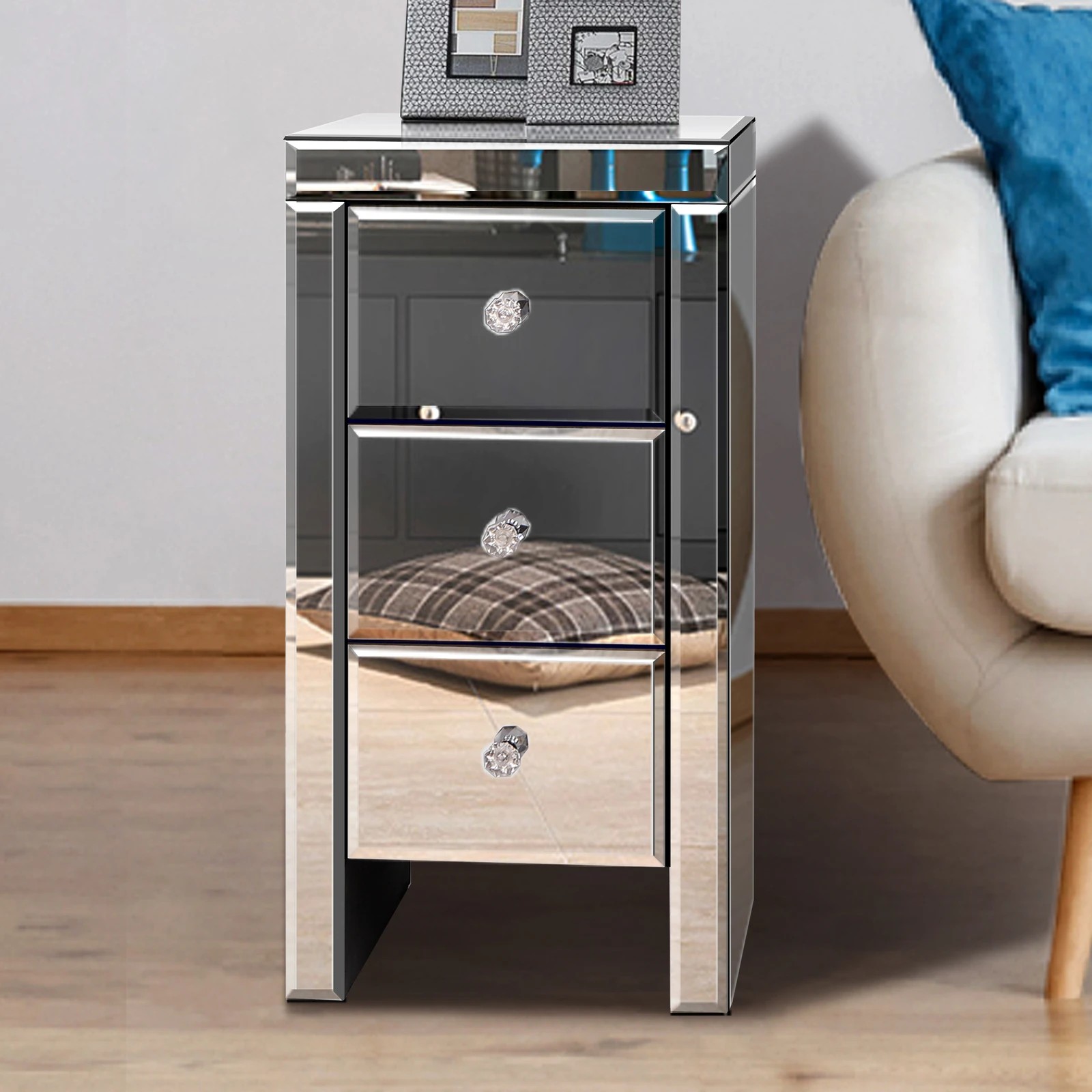 5 Alfordson 2x Mirrored Bedside Table Cabinet Nightstand - Silver, 5 of 10