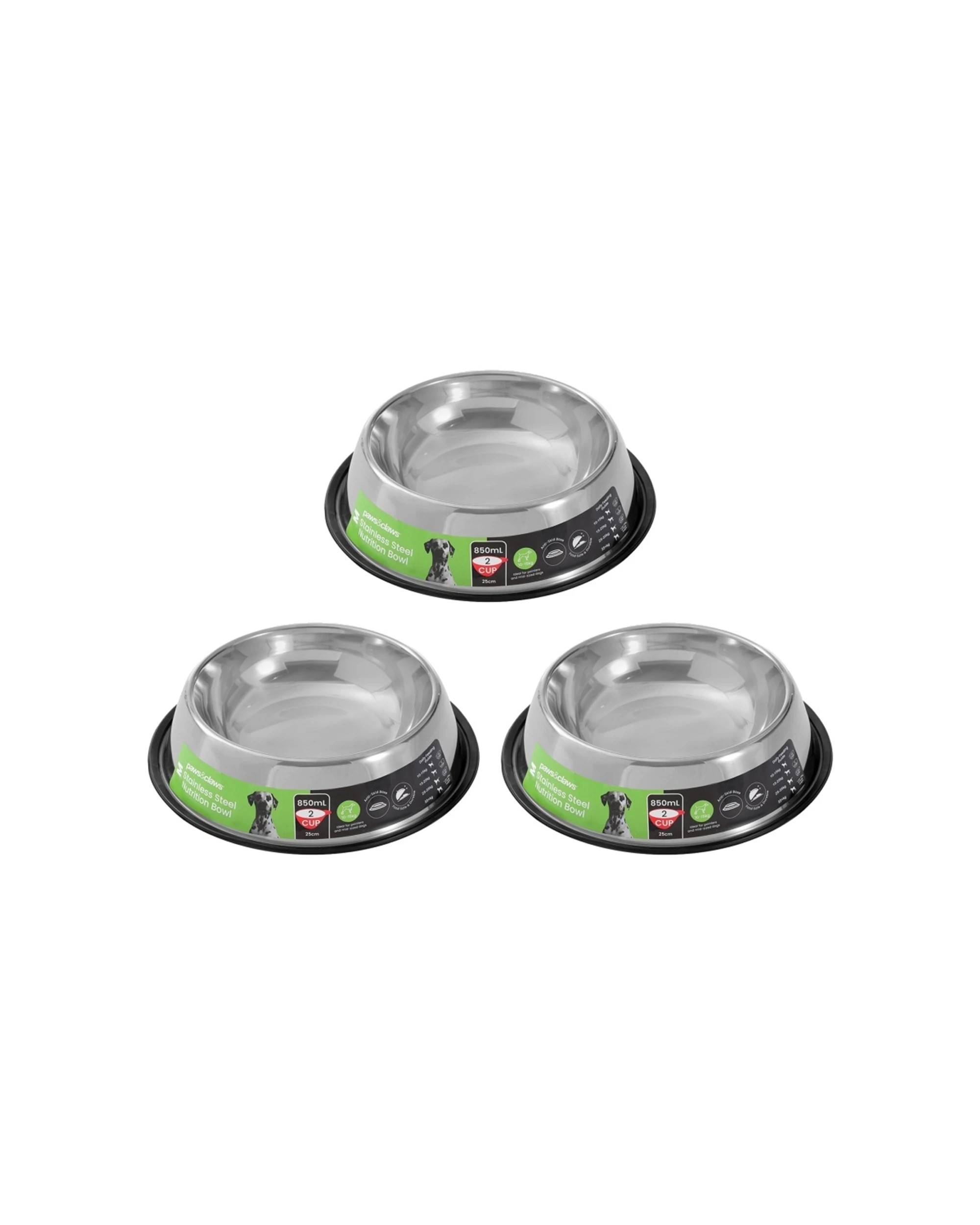 1 Paws And Claws 3pc Stainless Steel Pet Bowl Anti Skid Durable Medium 800ml - Black, 1 of 5