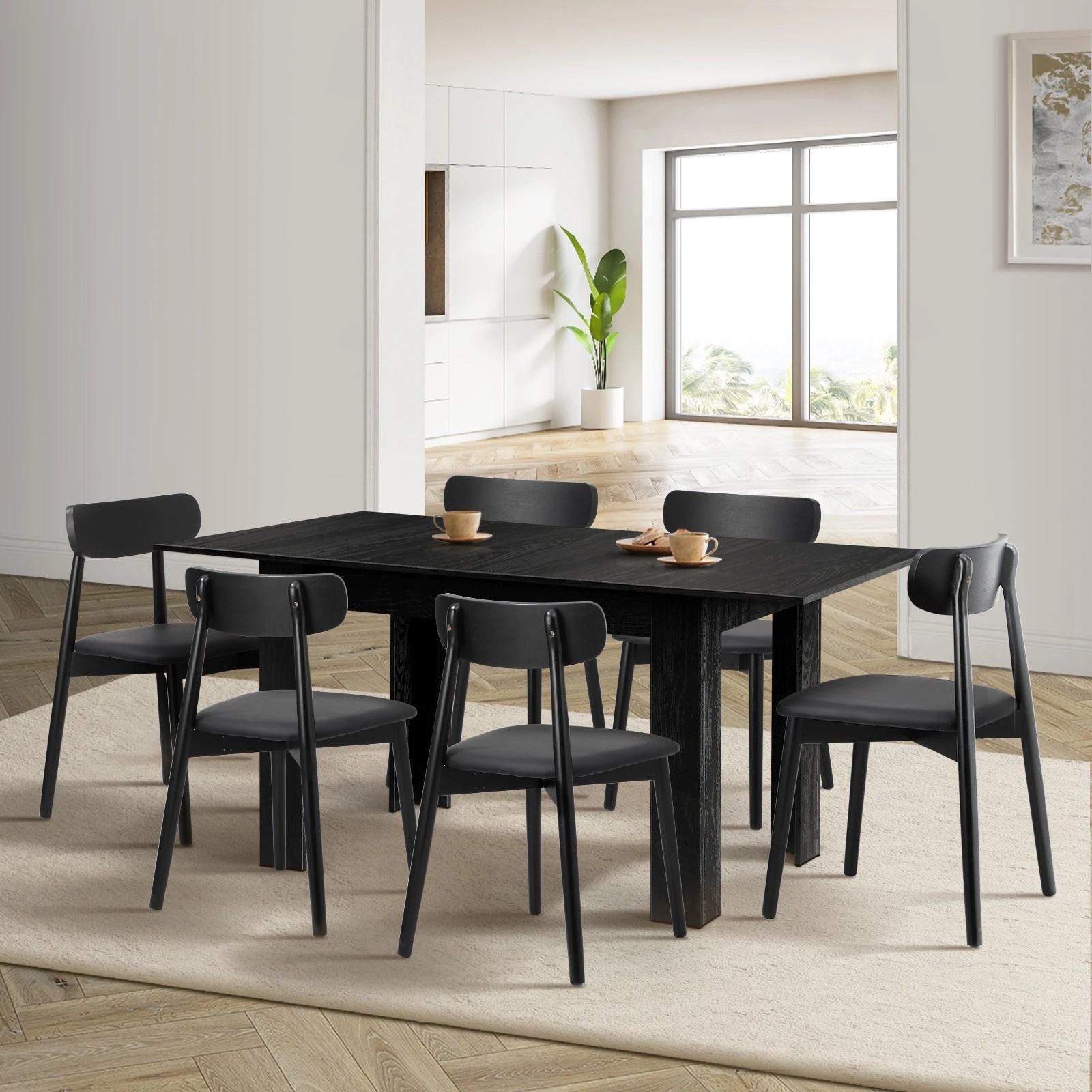 3 Oikiture 160cm Extendable Dining Table with 6x Dining Chairs PU Leather - Black, 3 of 9
