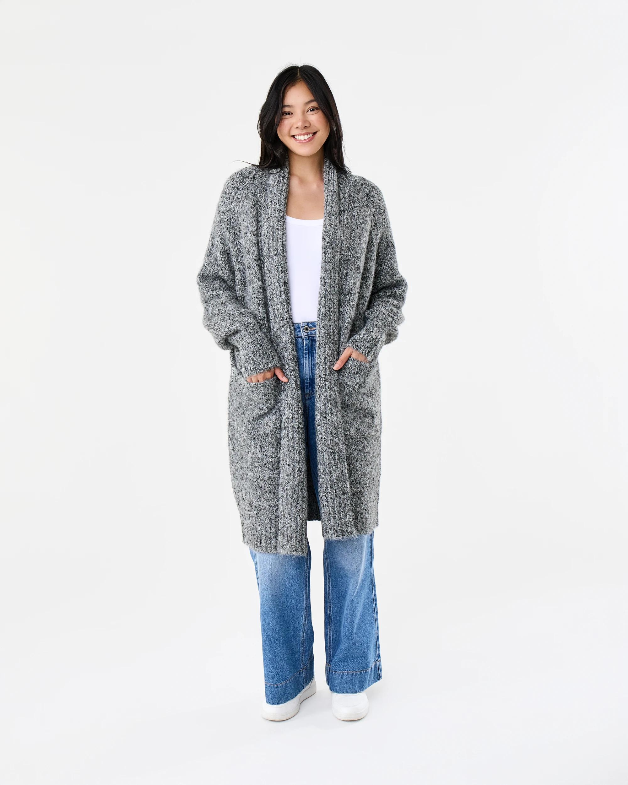 1 Balloon Sleeve Longline Cardigan Grey Marle, 1 of 8