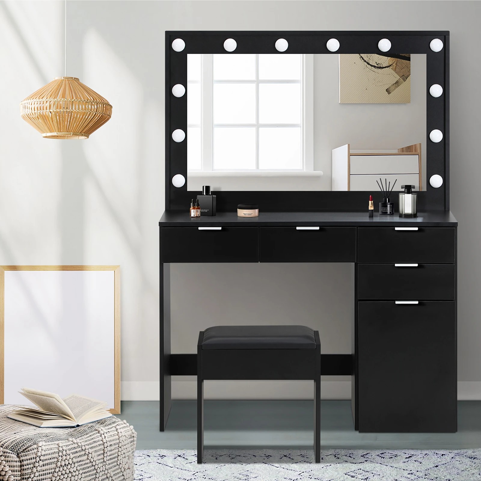 3 Oikiture Dressing Table Stool Set Makeup Large Mirror Dresser 12 Led Bulbs
 - Black, 3 of 9