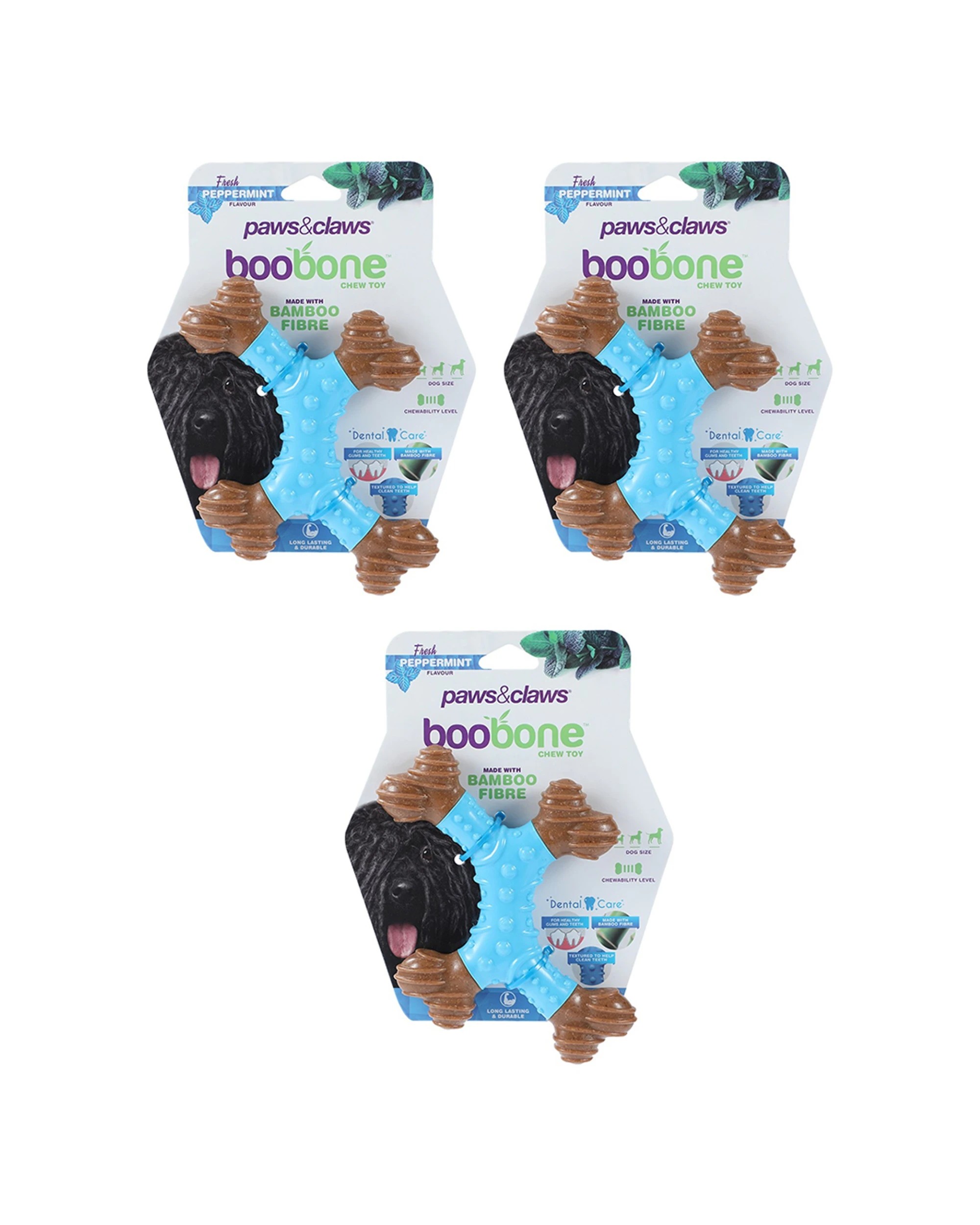 1 Paws And Claws BooBone 4 Way Dental Dog Bone Chew Toy 3 Pack Peppermint Bamboo - Blue, 1 of 4