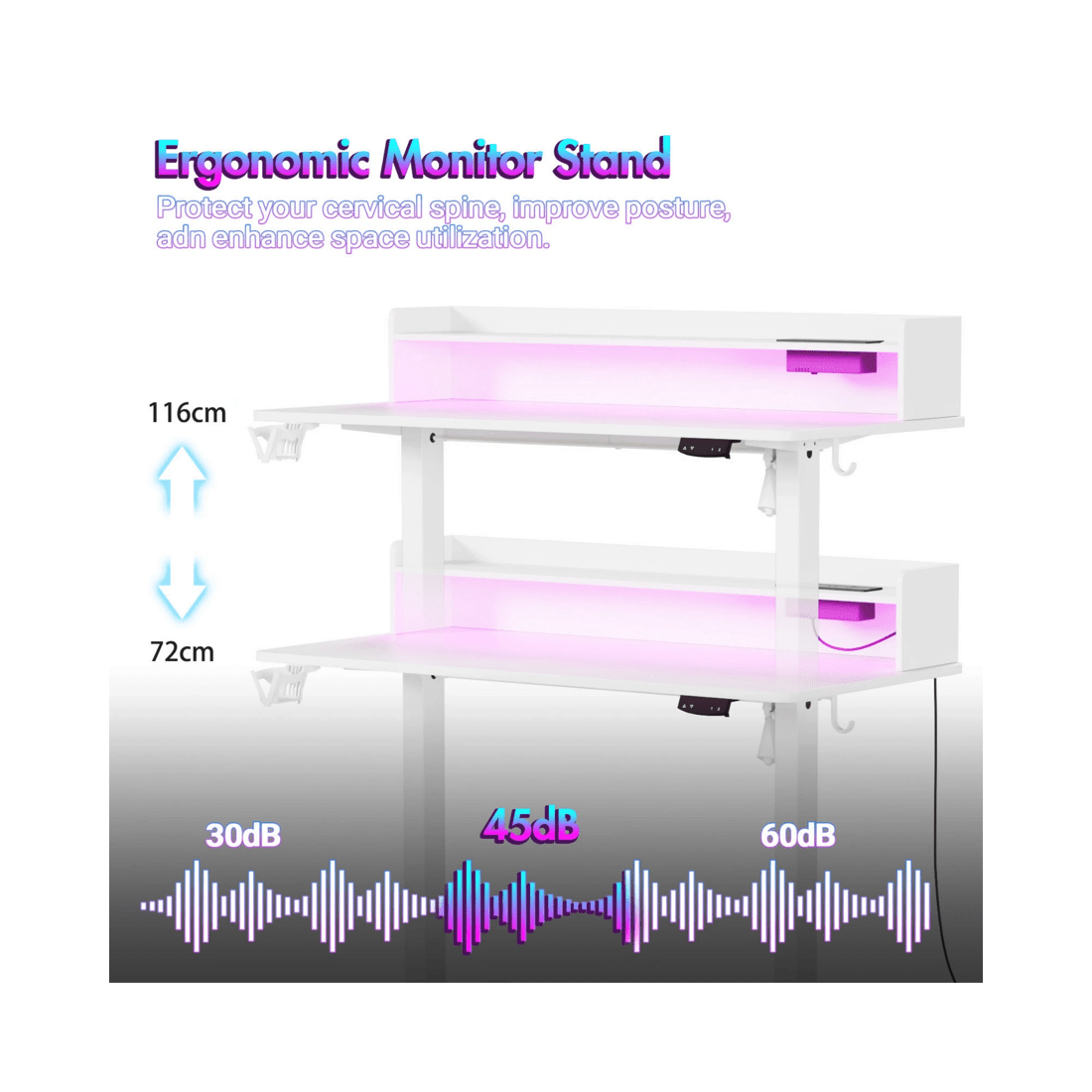 5 Advwin Led Rgb Light Electric Standing Desk With Power Outlets & Monitor Stand 120cm
 - White, 5 of 9