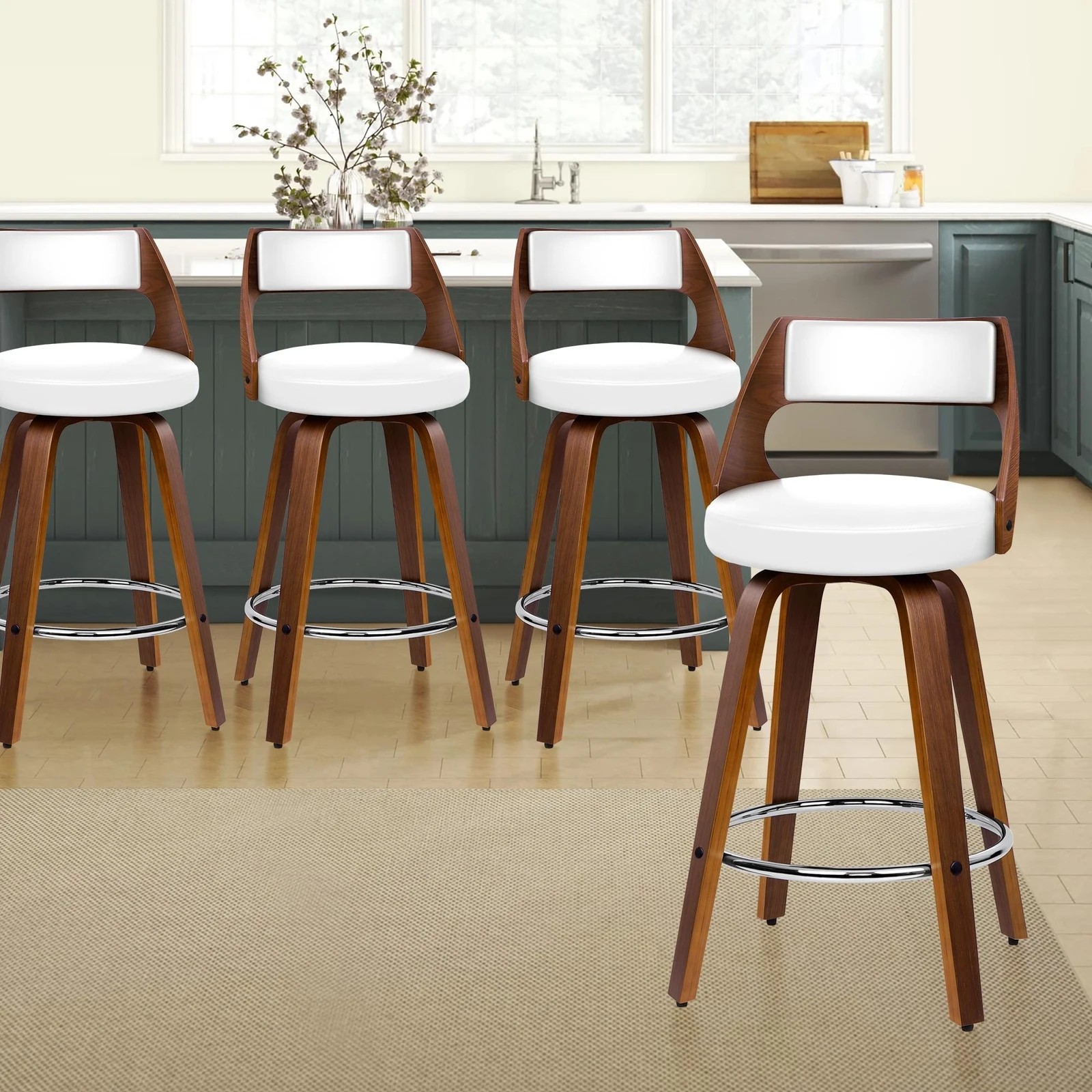 2 Alfordson 4x Swivel Bar Stools Eden Kitchen Wooden Dining Chair - White, 2 of 10
