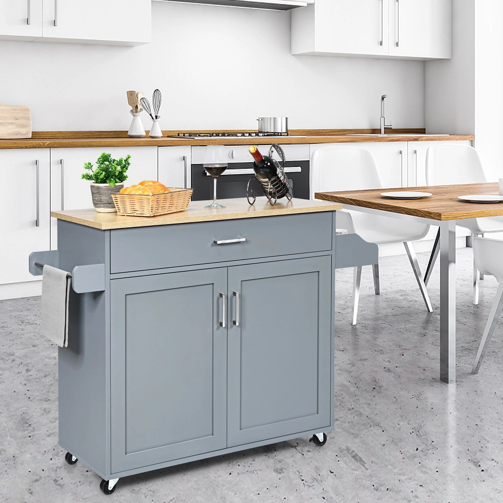 3 Costway Wooden Rolling Kitchen Island Grey, 3 of 5