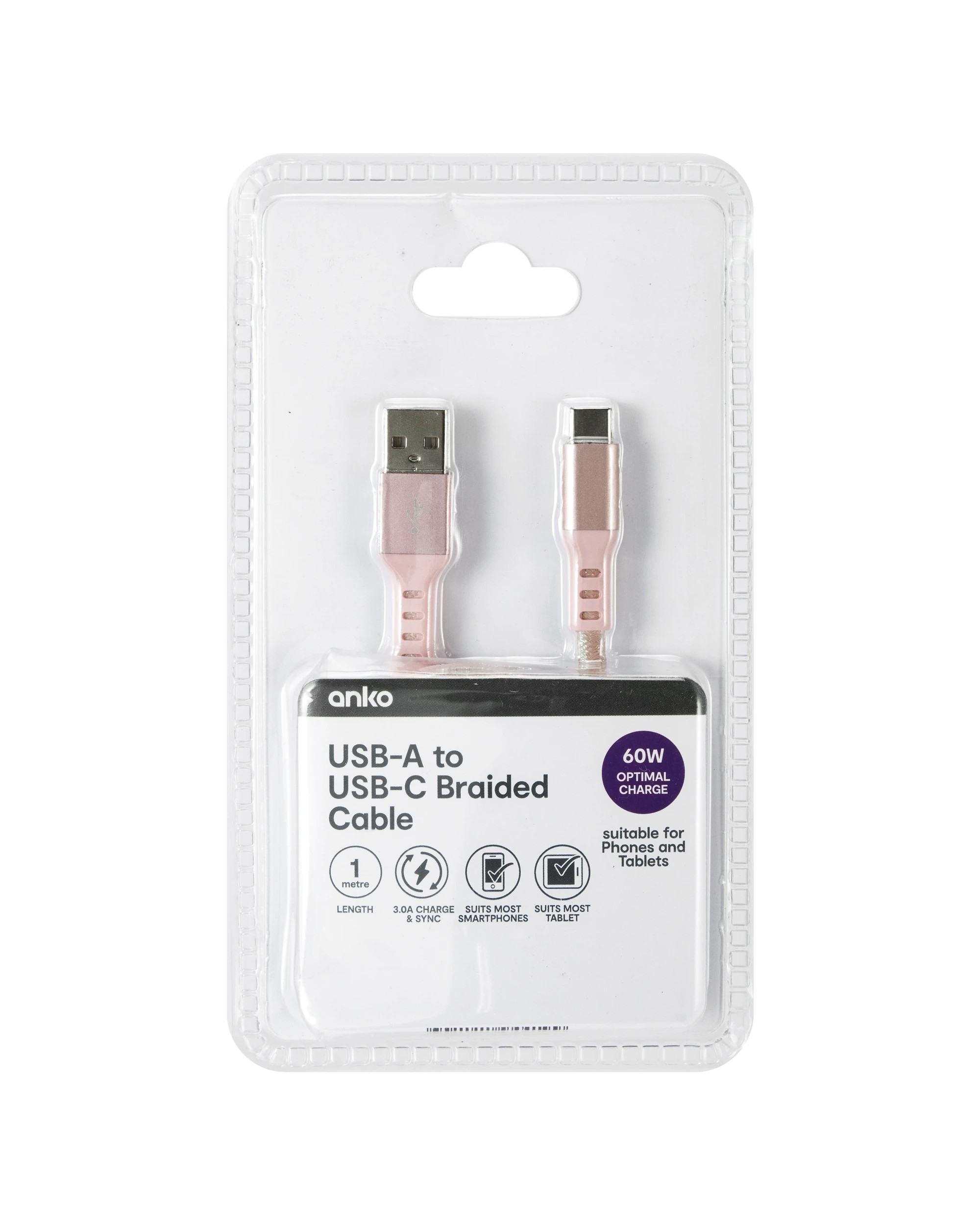 4 USB-A to USB-C Braided Cable - 1m, Pink, 4 of 4