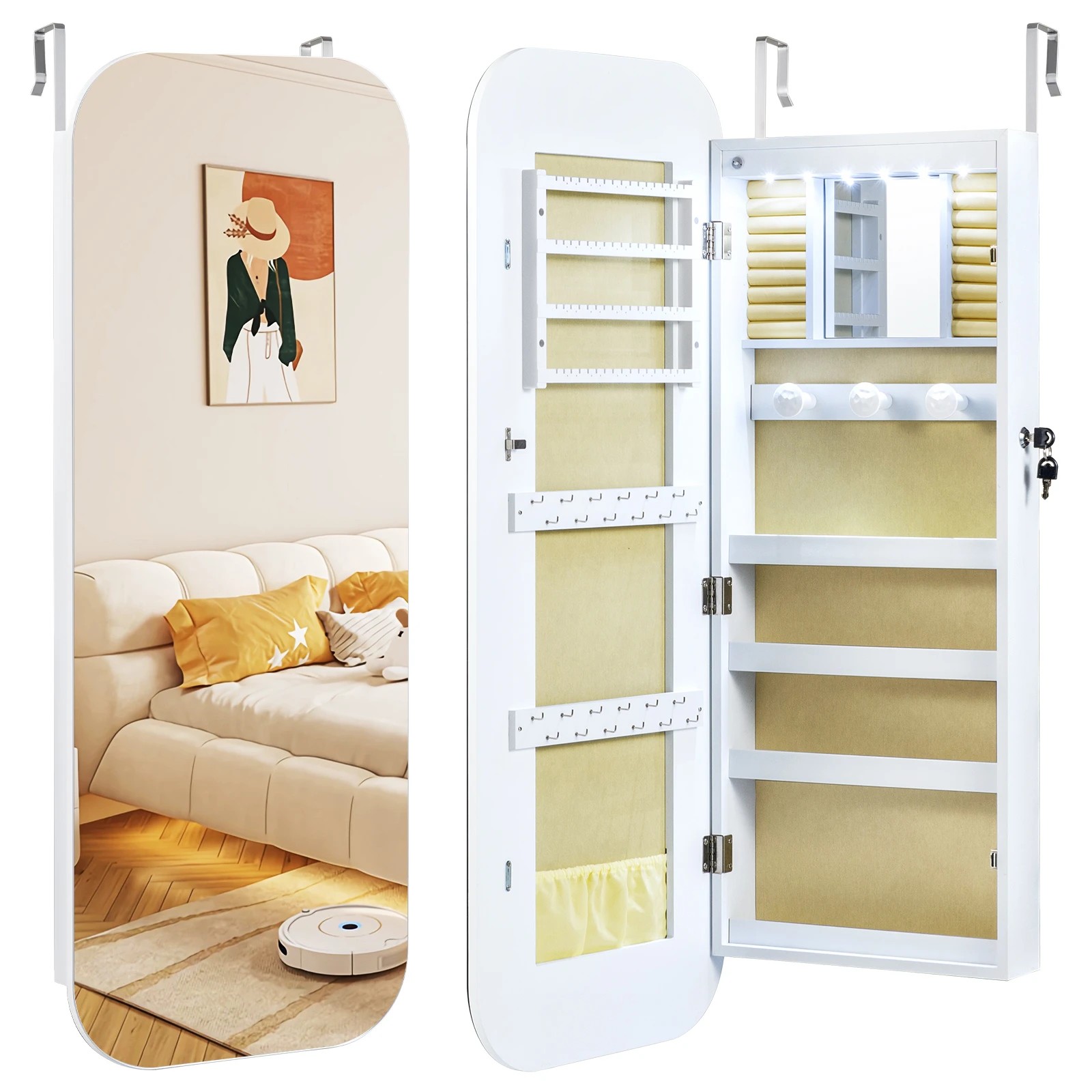 1 Costway 2 in 1 Jewellery Cabinet LED Makeup Storage Organiser w/Extra-wide Mirror Mounted Armoire - White, 1 of 4