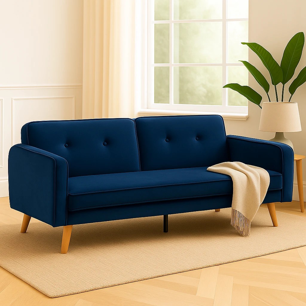 2 Foret Velvet 3 Seater Sofa Bed Click Clack Lounge Couch Convertible Futon Blue, 2 of 9