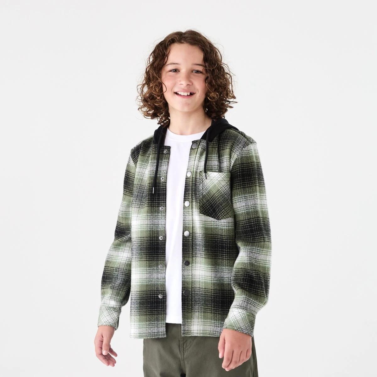 1 Long Sleeve Hooded Flannel Shirt Grn Check, 1 of 8