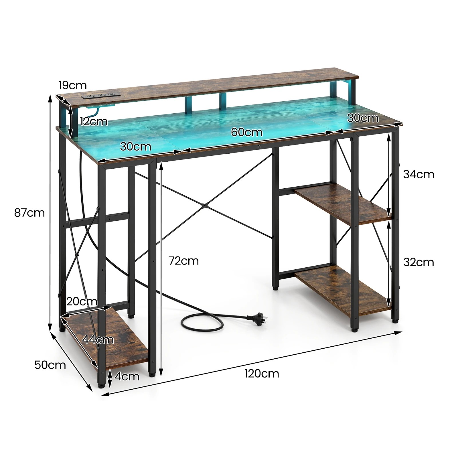 2 Costway 120cm Computer Desk w/Charging Station & LEDs Workstation Gaming Table - Brown, 2 of 5