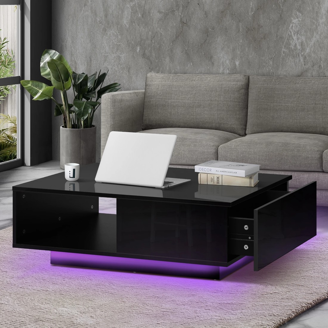 2 Oikiture Coffee Table Led Light High Gloss Storage Drawer Modern
 - Black, 2 of 10