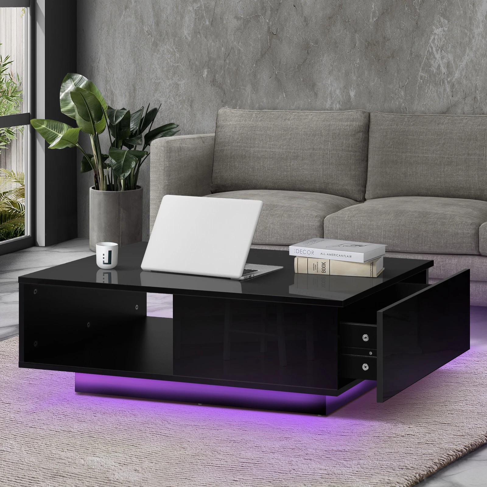 2 Oikiture Coffee Table Led Light High Gloss Storage Drawer Modern
 - Black, 2 of 10