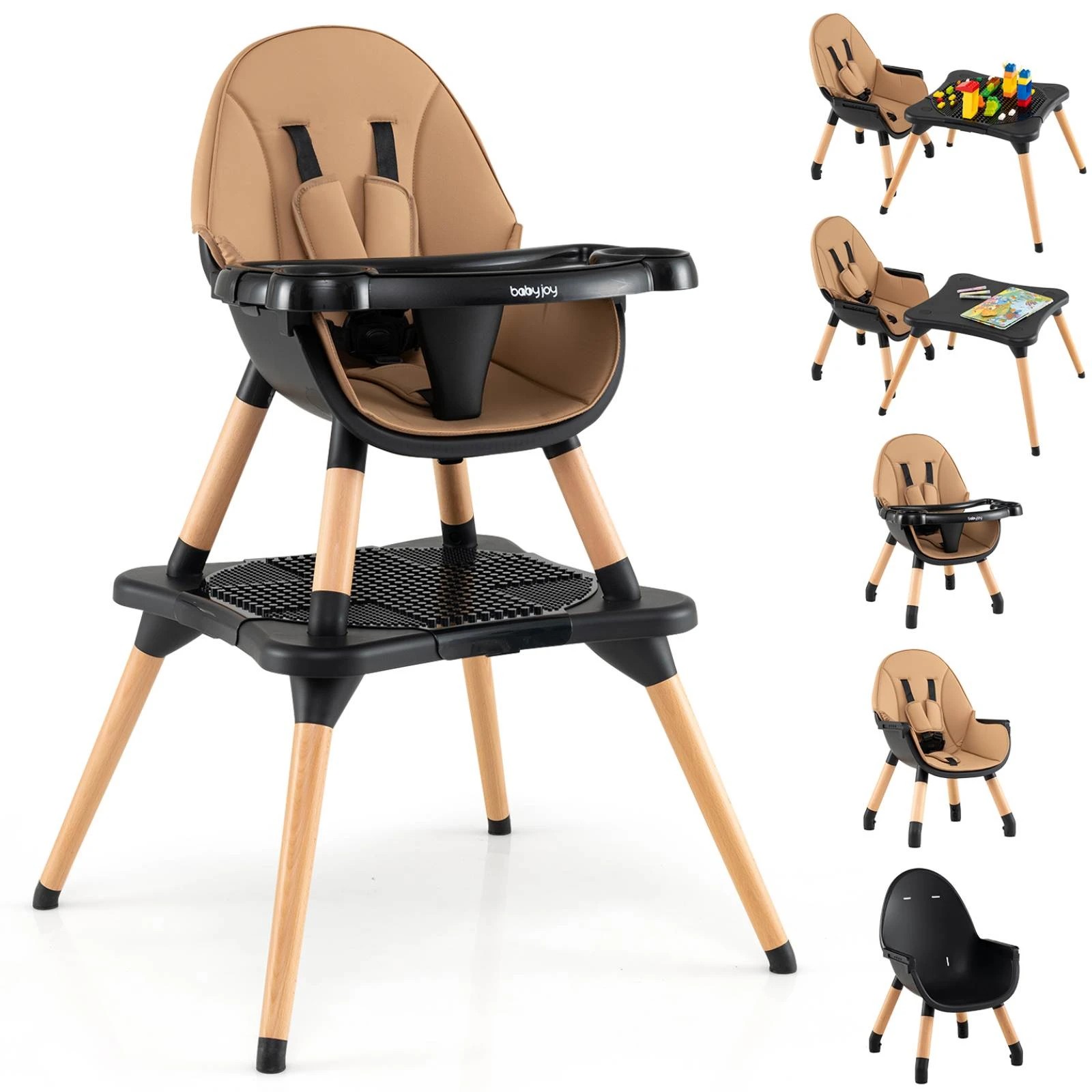 1 Costway 6-in-1 Convertible Baby High Chair Wooden Highchair Feeding Chair w/Building Block - Brown, 1 of 2