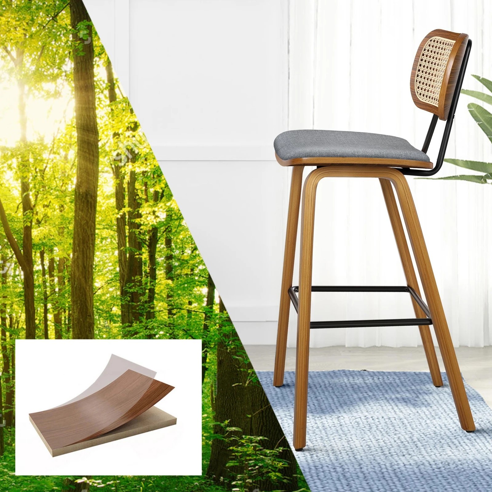 5 Alfordson 2x Bar Stools Kitchen Vintage Fabric Seat Rattan Chair Wooden - Grey, 5 of 8