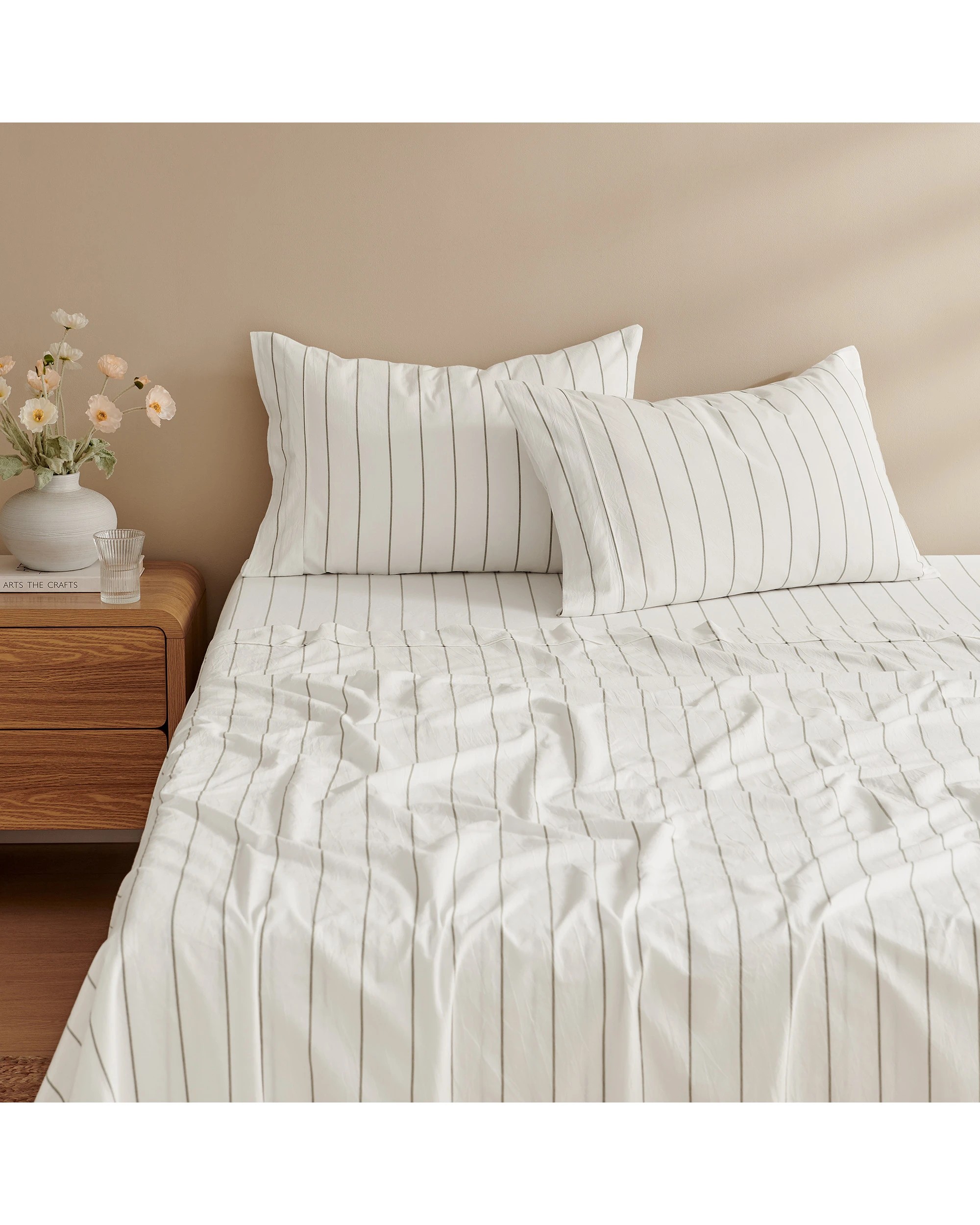 2 Dreamaker Rumi Stripe Washed Cotton Sheet Set - Double Bed - White with Olive, 2 of 7