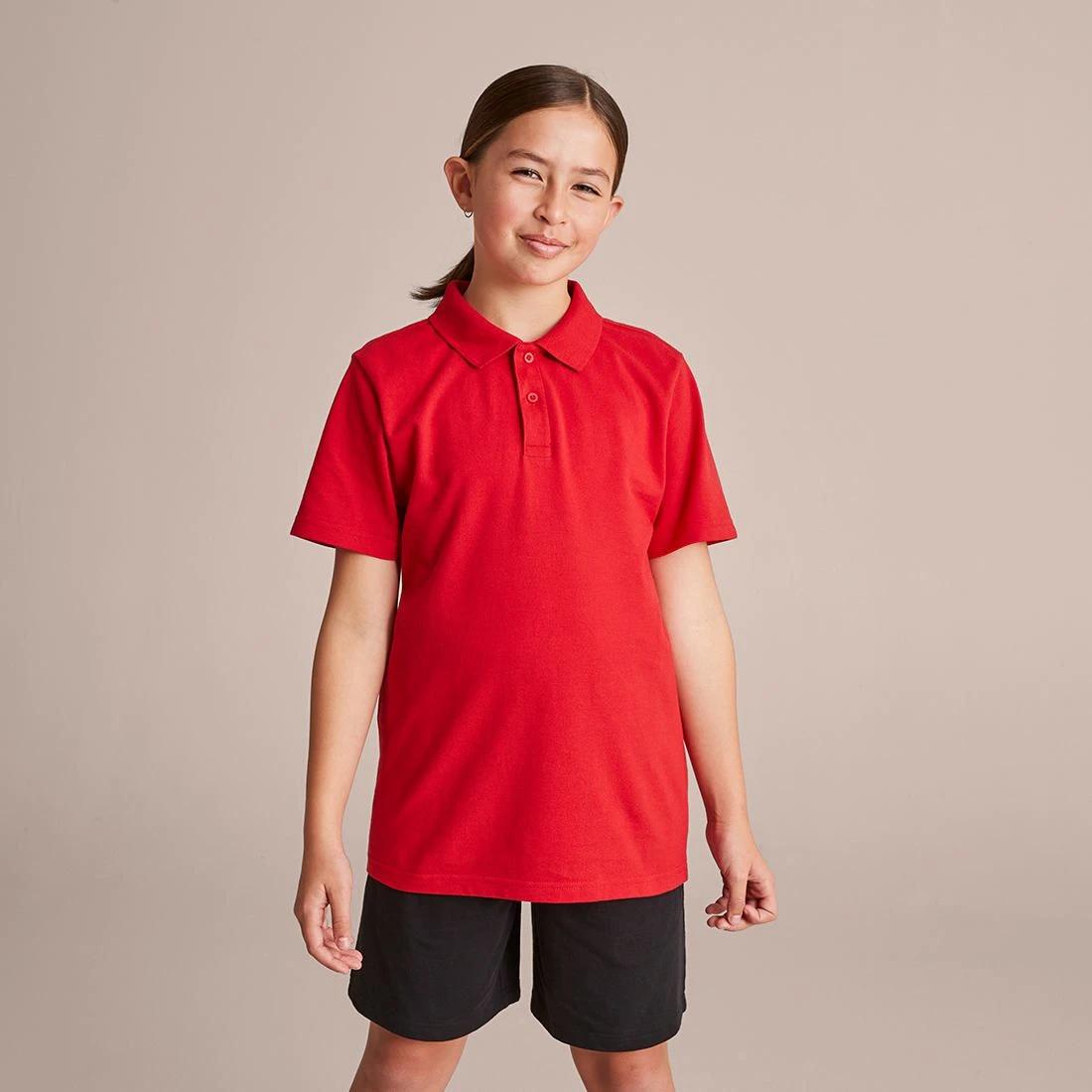 1 Target Youth Short Sleeve School Polo — Cotton-rich, Stain-release, Button-down Collar, Size 5-6, White RED, 1 of 10