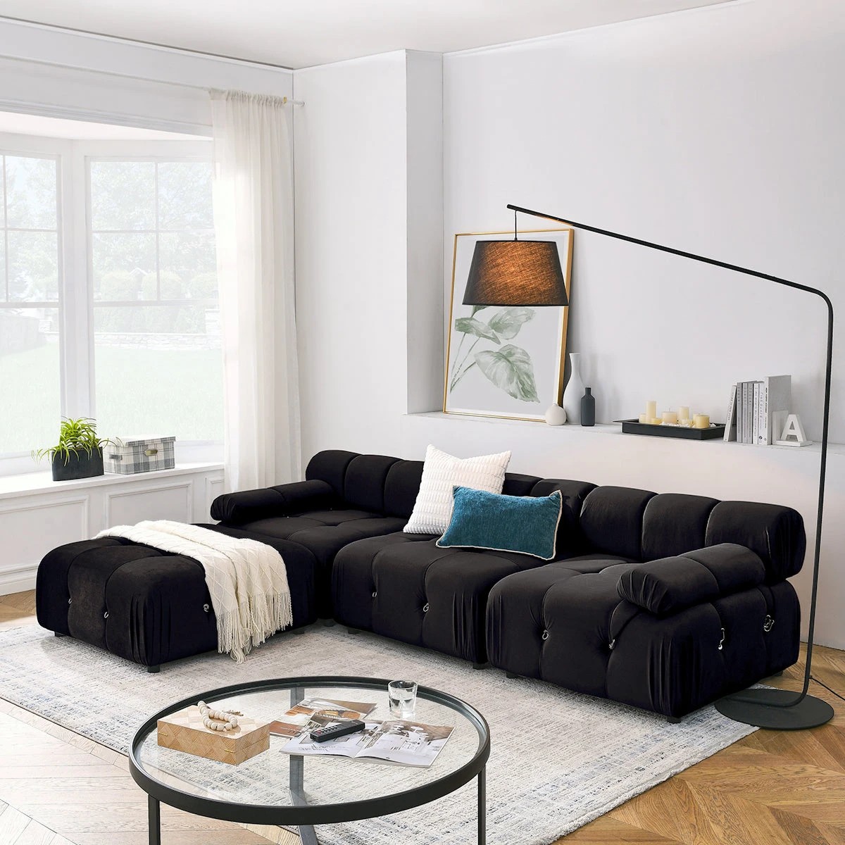 4 Foret 2 Seater Sofa Modular Arm Seat Tufted Velvet Lounge Couch Chaise Black, 4 of 9