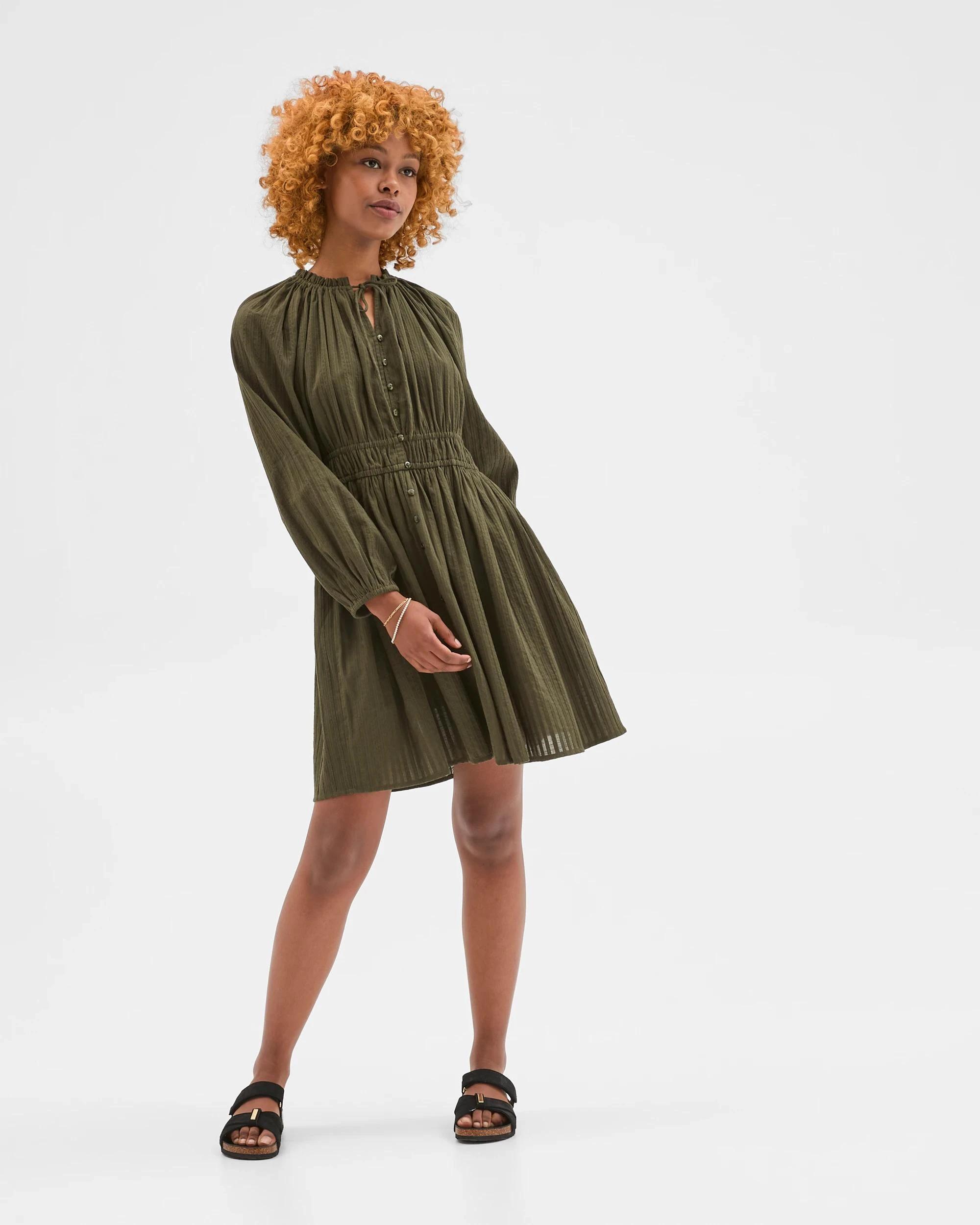 4 Target Petites Long Sleeve Textured Mini Dress DUSTY OLIVE, 4 of 5