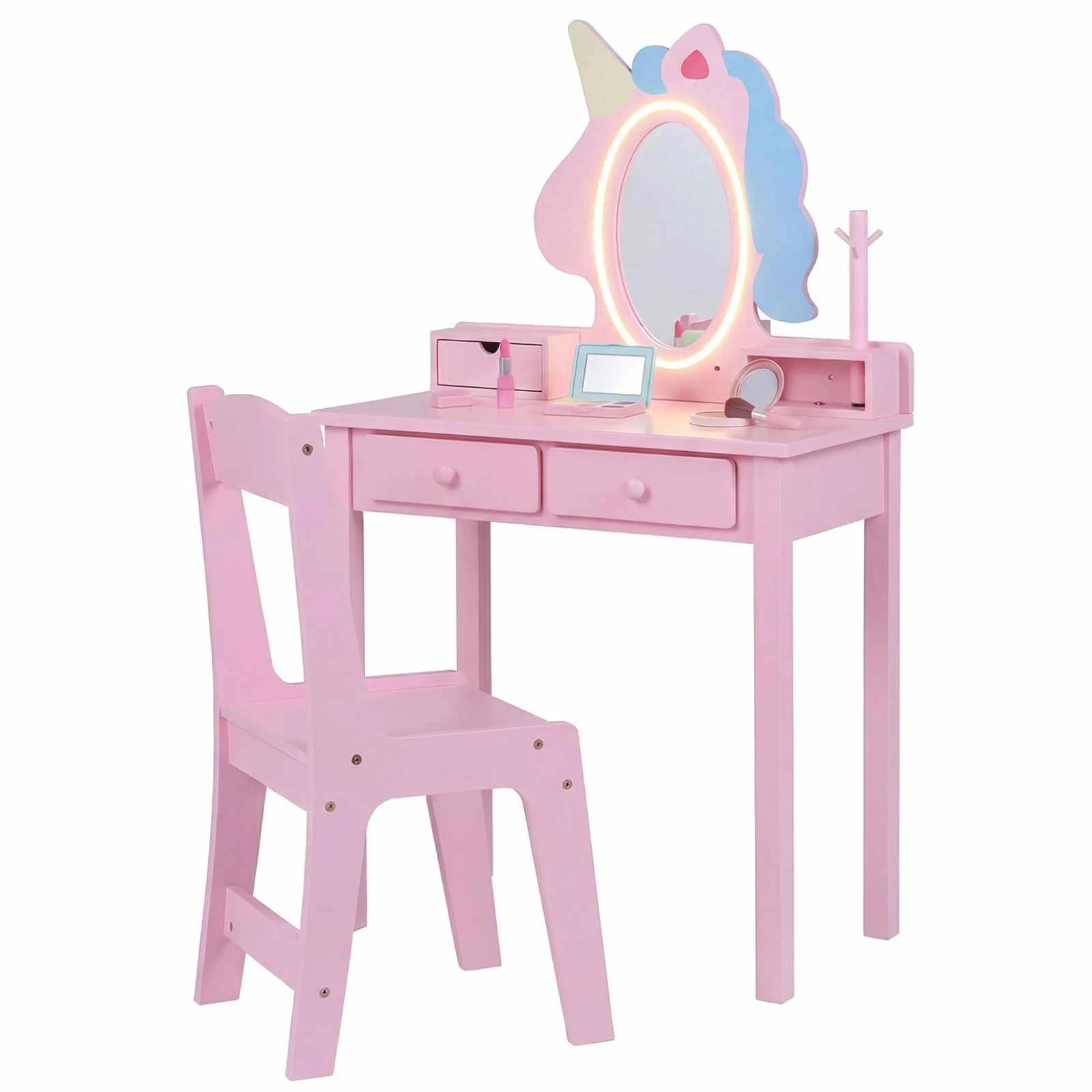 1 Costway Vanity Stool Set Lighted Unicorn Mirror Jewelry Rack - Pink, 1 of 3