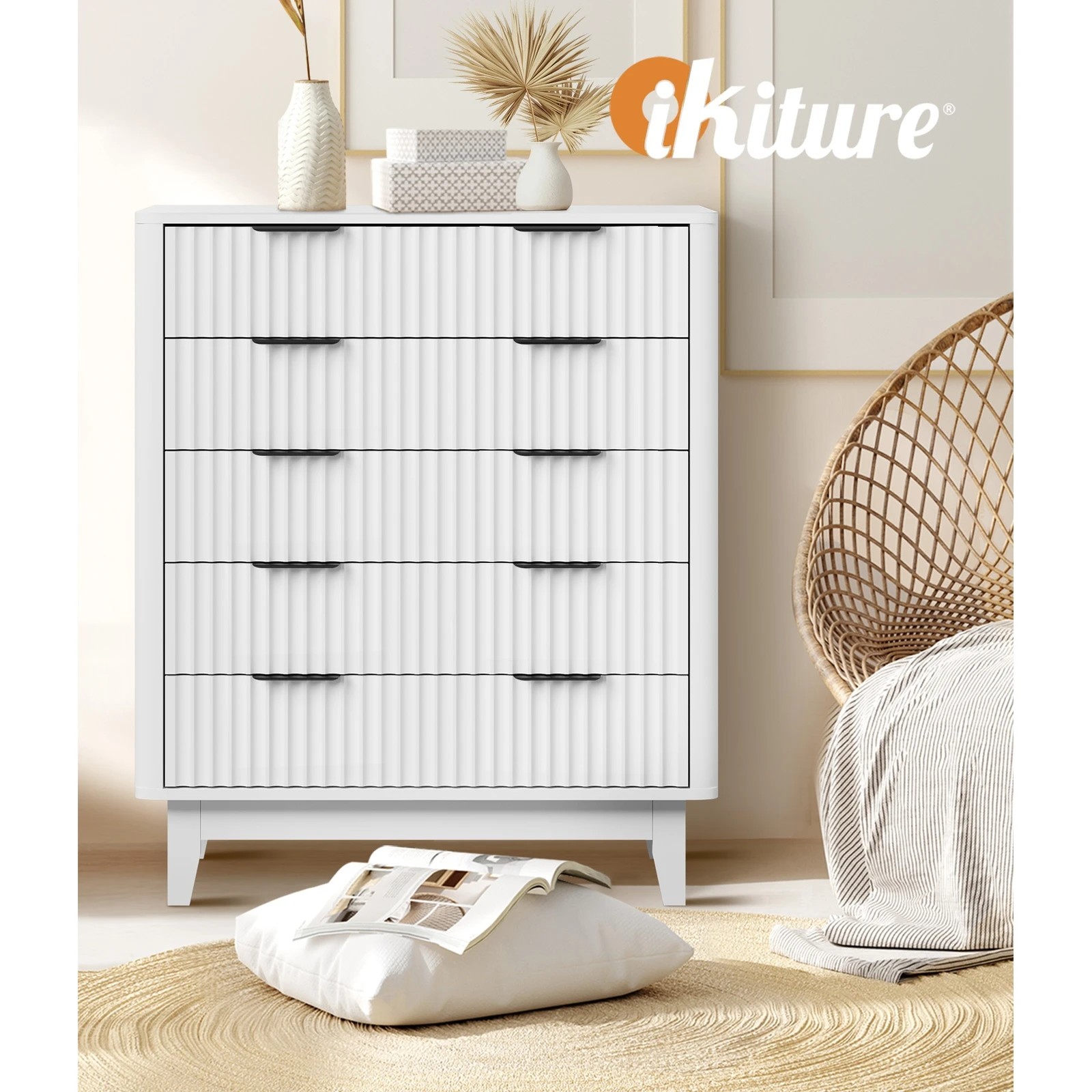 5 Oikiture 5 Chest Of Drawers Storage Cabinet Dressers Tallboy Stripe
 - White, 5 of 9