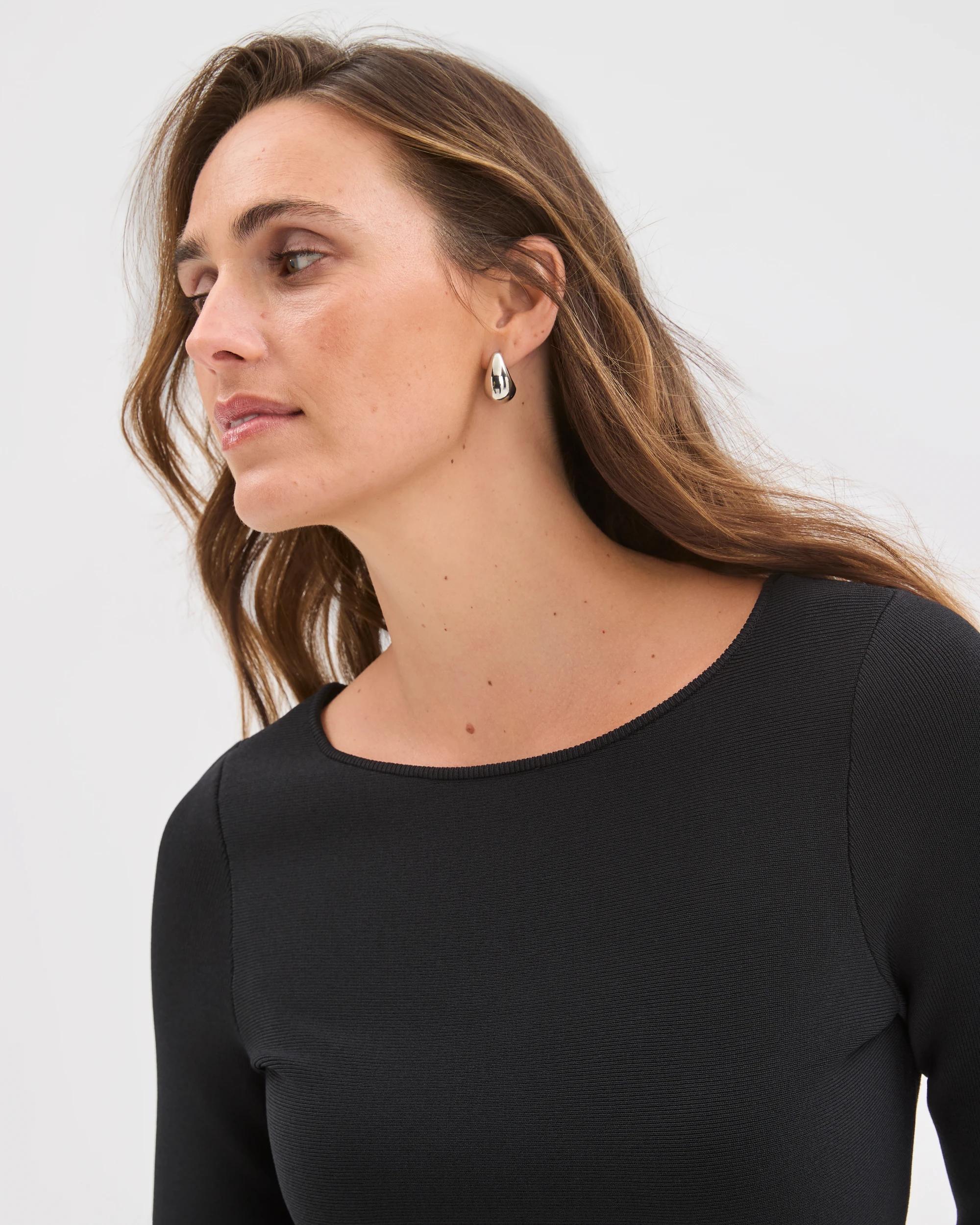 5 Preview Long Sleeve Peplum Crepe Knit Top BLACK, 5 of 7
