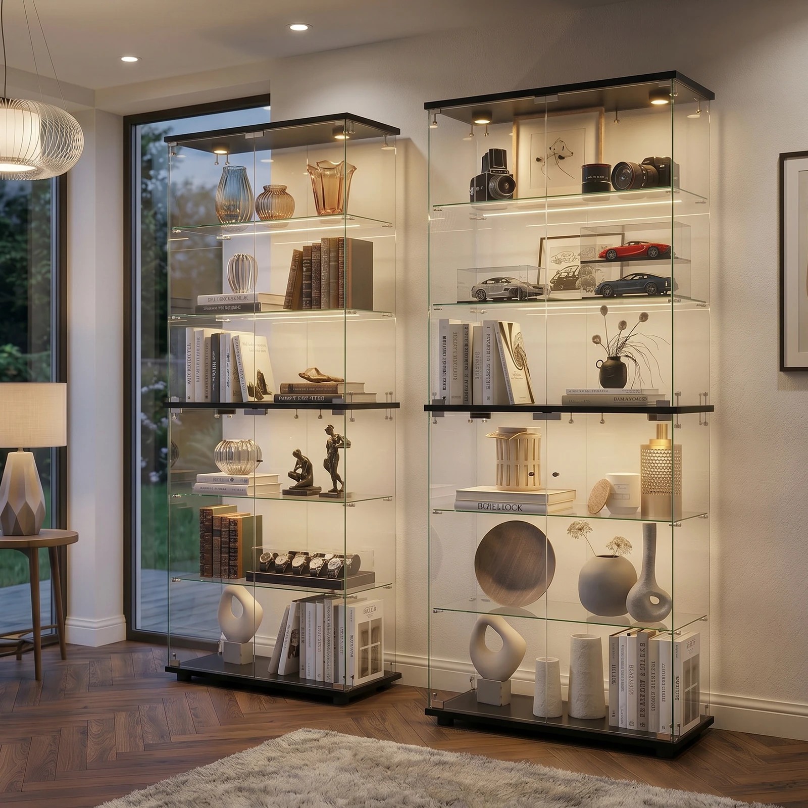 5 Oikiture Glass Display Cabinet 6-Tier LED Light Bookcase With 2 Doors - Black, 5 of 9
