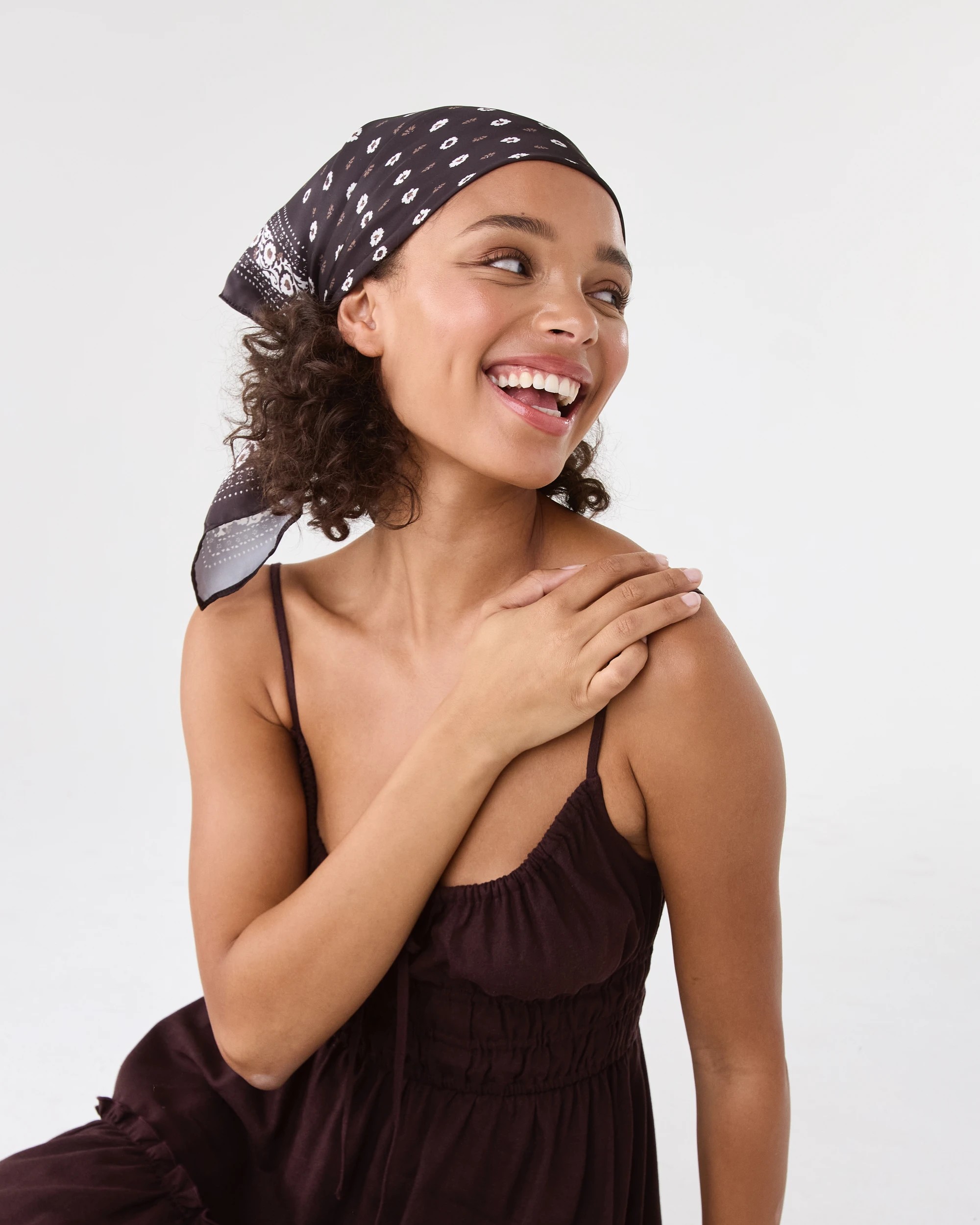 9 Ditsy Flower Print Hair Scarf - Brown, 9 of 11