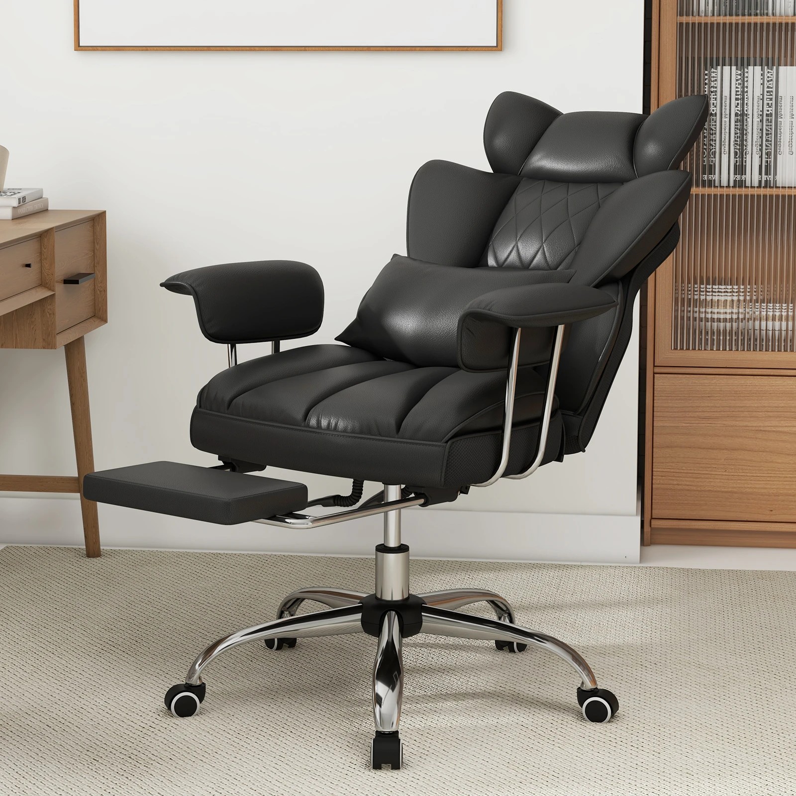 2 Costway 180kg Big & Tall Office Chair Executive Desk Chair w/Retractable Footrest - Black, 2 of 3