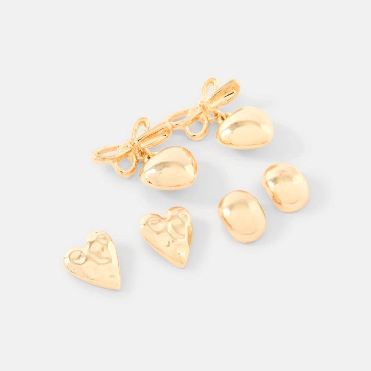 2 3 Pack Heart Bow Stud Earrings - Gold Tone Gold, 2 of 5