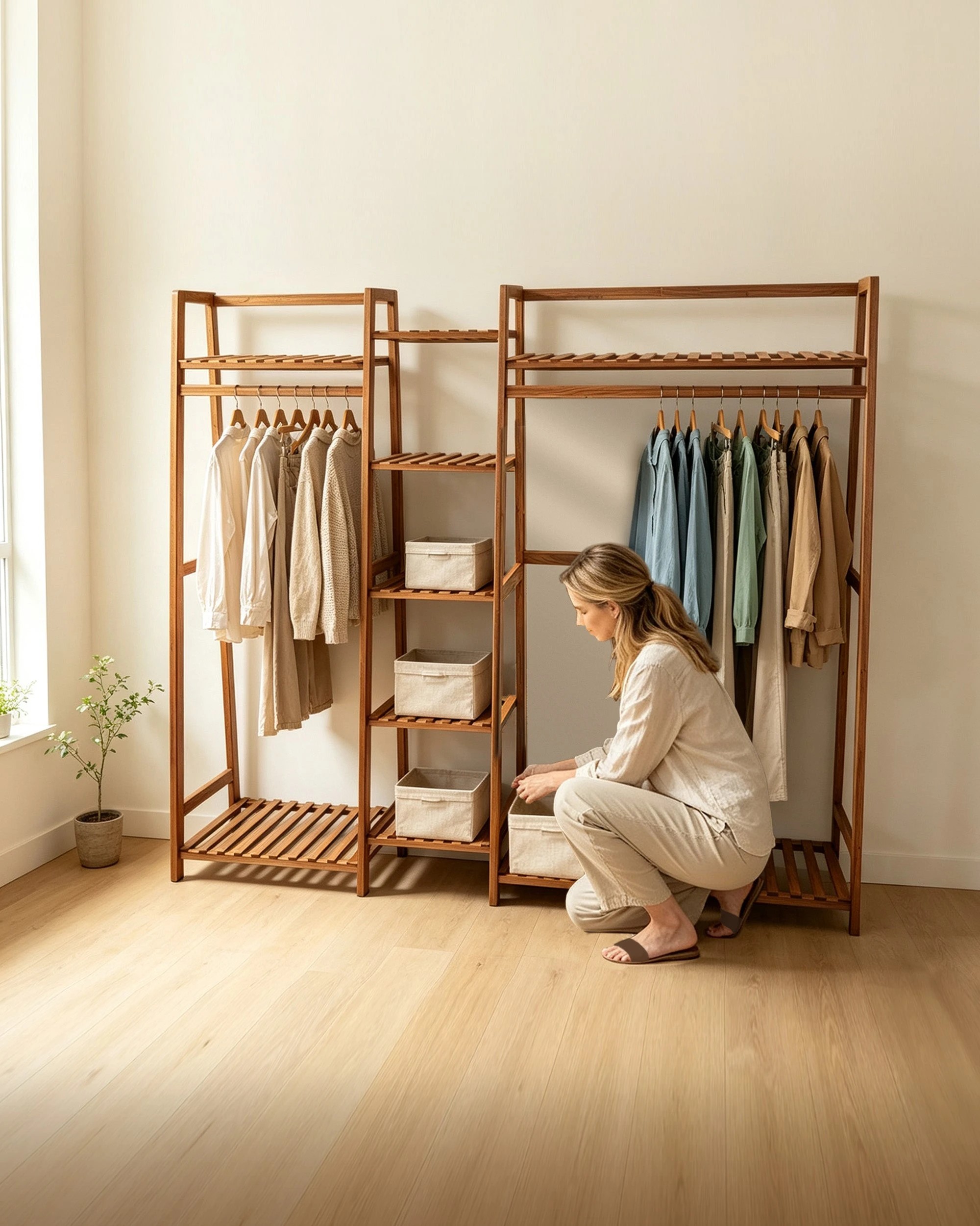 3 Foret Tea Brown Bamboo Double Clothes Rack With Shelves, 3 of 8