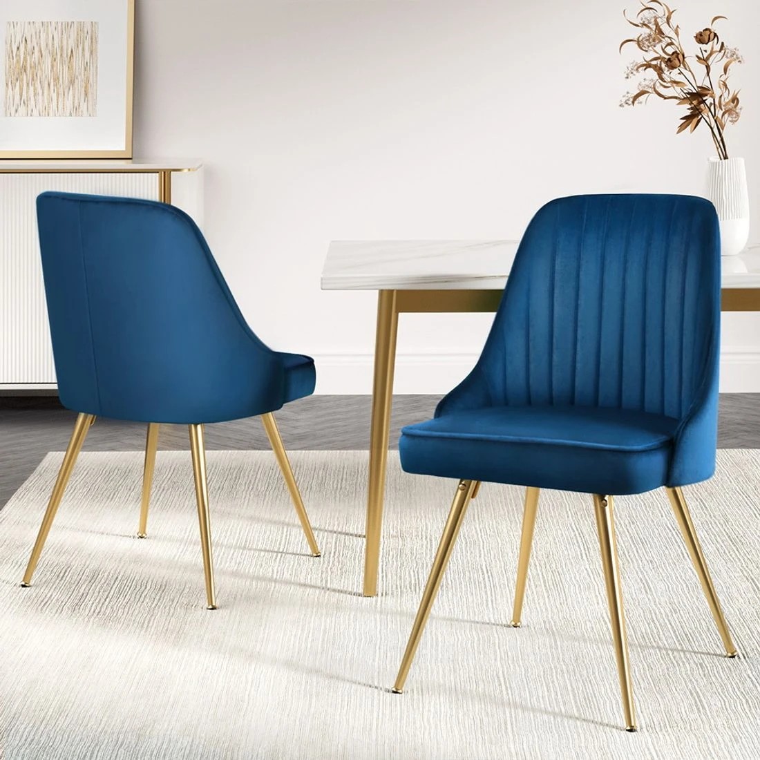 3 Artiss Dining Chairs Set of 2 Velvet Channel Tufted - Blue, 3 of 5