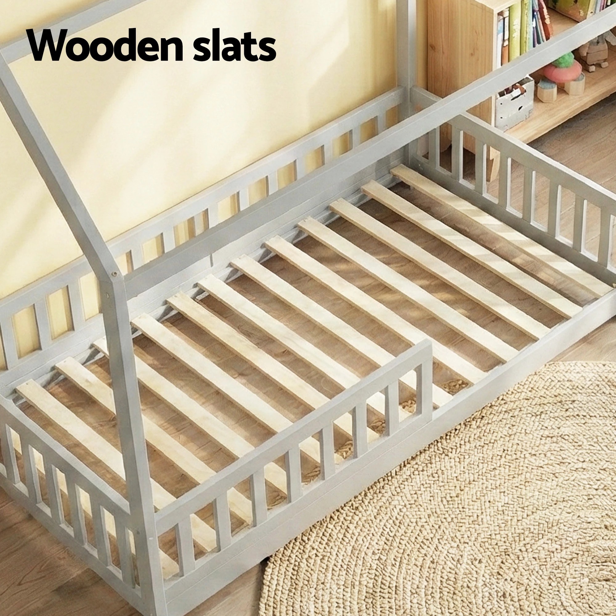 6 Artiss Bed Frame Wooden Kids House Frame  ROCK - Grey, 6 of 6