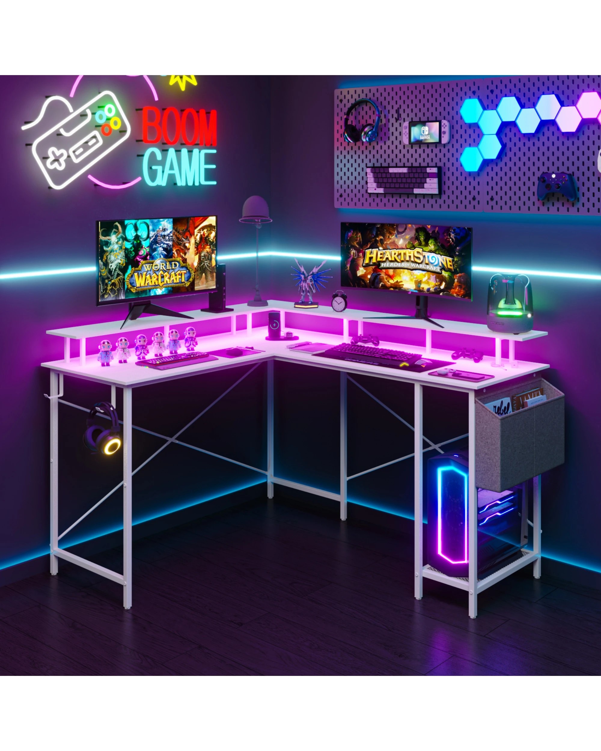 10 Advwin L Shaped Gaming Desk 136cm With Led Lights & Power Outlets White, 10 of 10