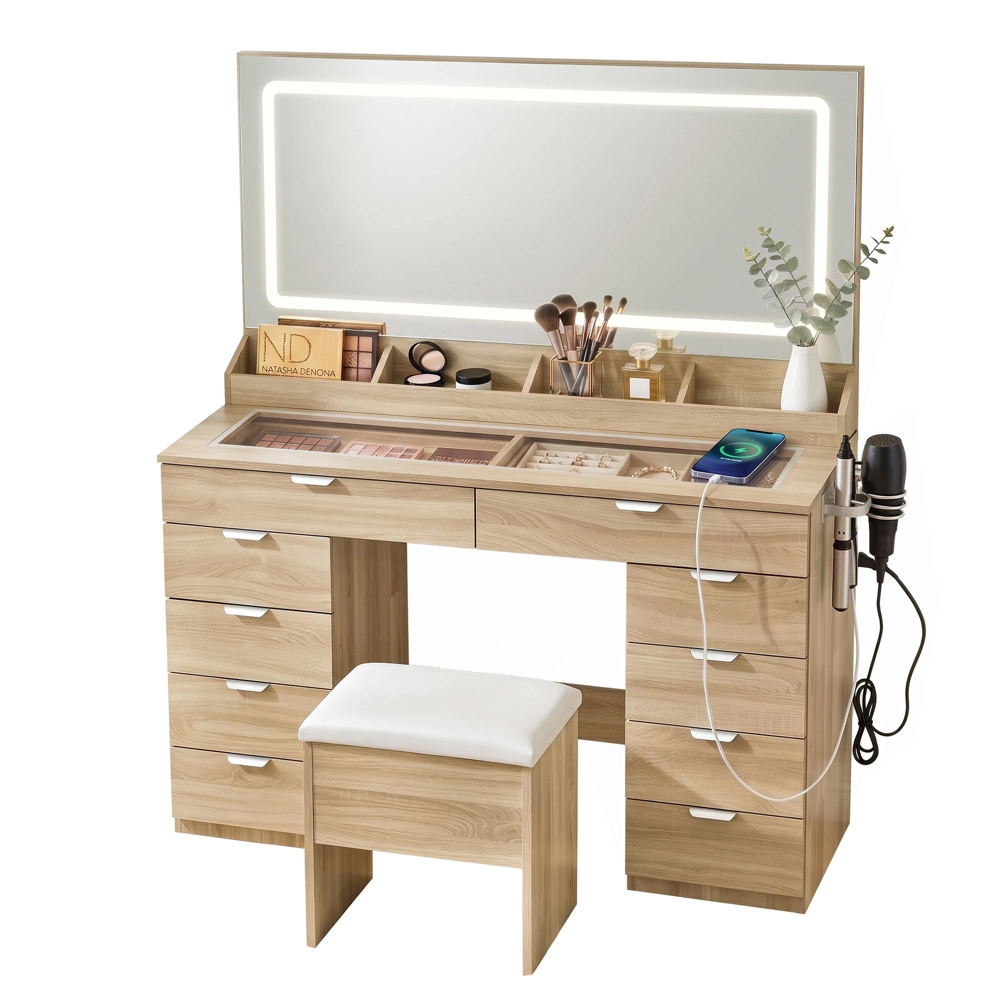1 Artiss Dressing Table Charging Station LED Vanity Desk Set Stool Make up Mirror Storage Drawer - Natural, 1 of 9