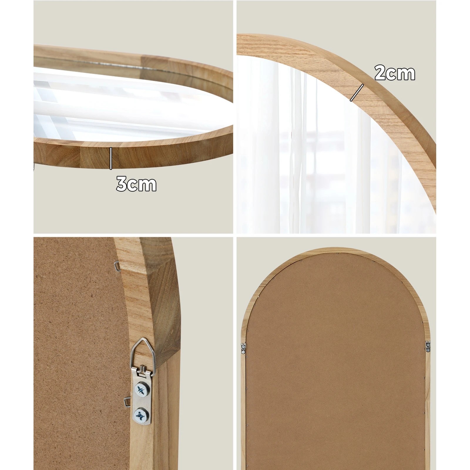 4 Oikiture Arched Wall Mirrors Vanity Home Decor Makeup Mirror 86x50cm Wooden
 - Natural, 4 of 9