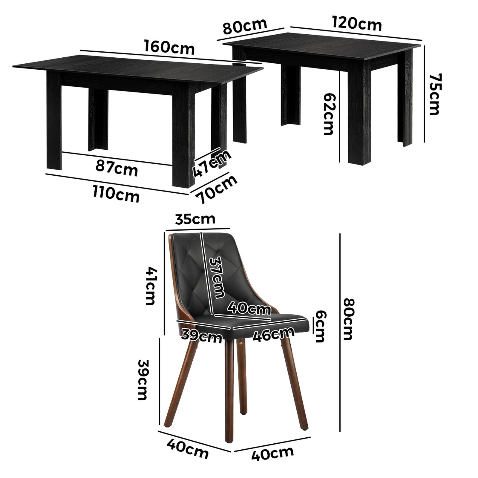 9 Oikiture 160cm Extendable Dining Table With 4pcs Dining Chairs Pu Leather
 - Black, 9 of 10