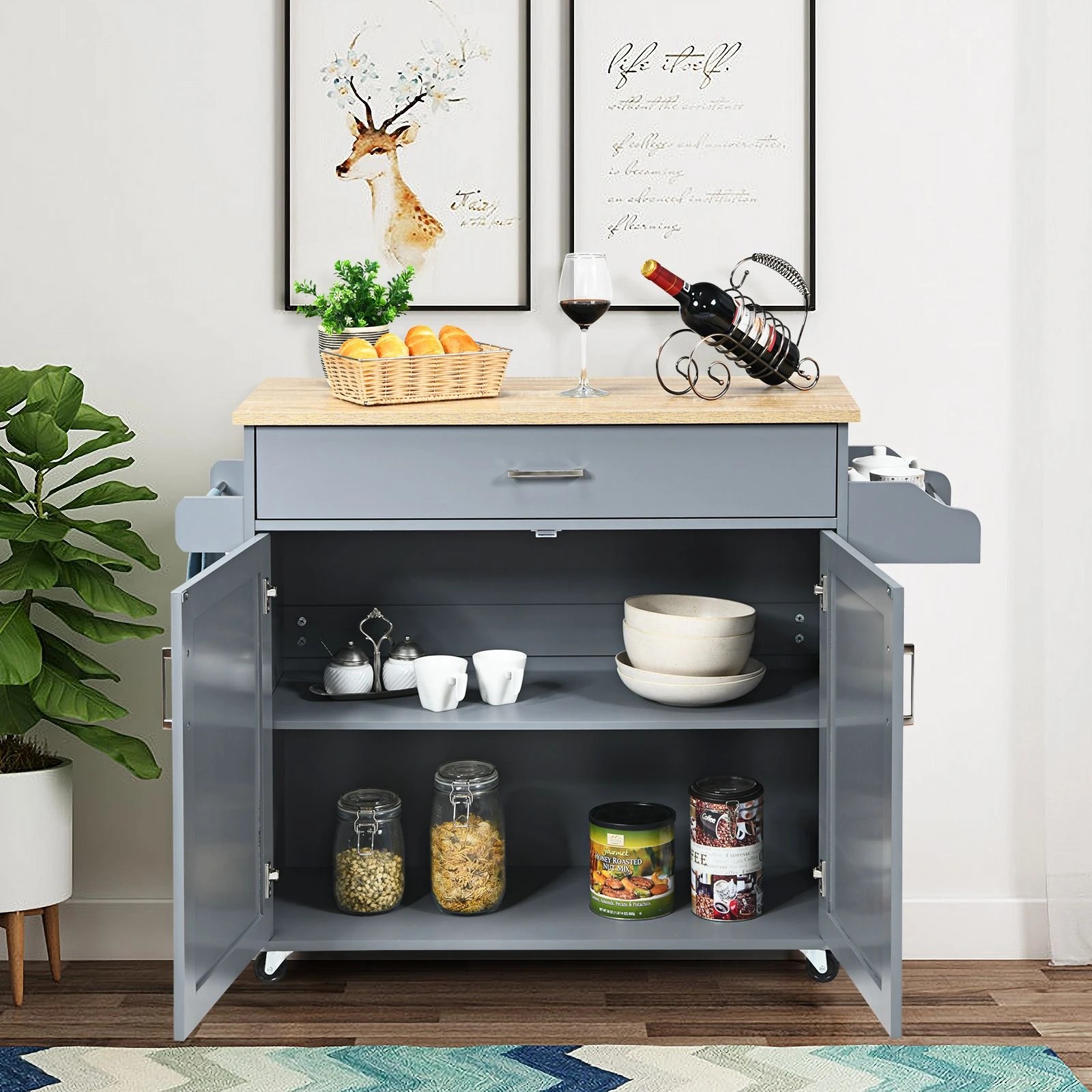 2 Costway Wooden Rolling Kitchen Island Grey, 2 of 5