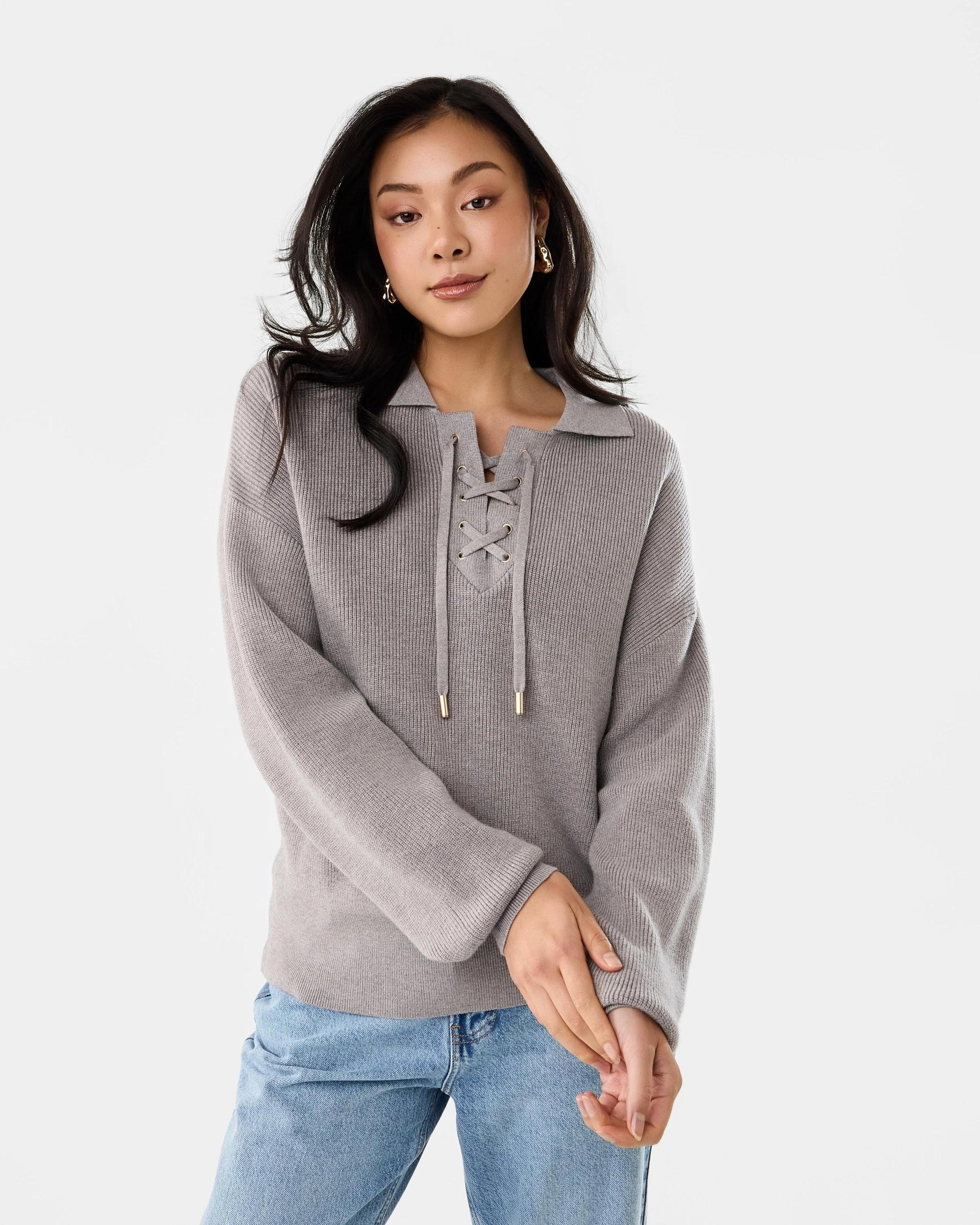 1 Lace Up Rib Jumper Grey Taupe, 1 of 7