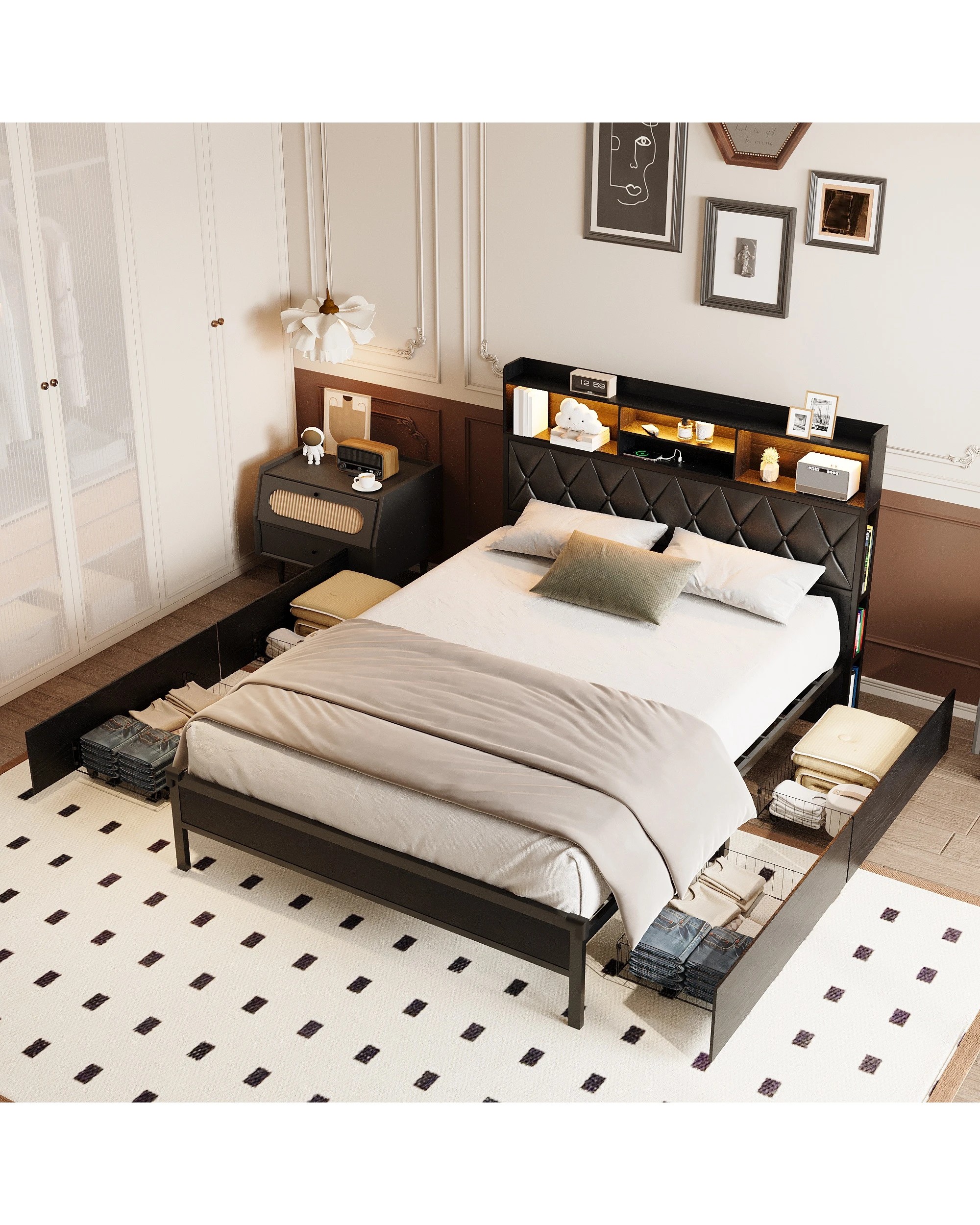 7 Advwin Queen Bed Frame with 4 Storage Drawers and Charging Station - Black, 7 of 9