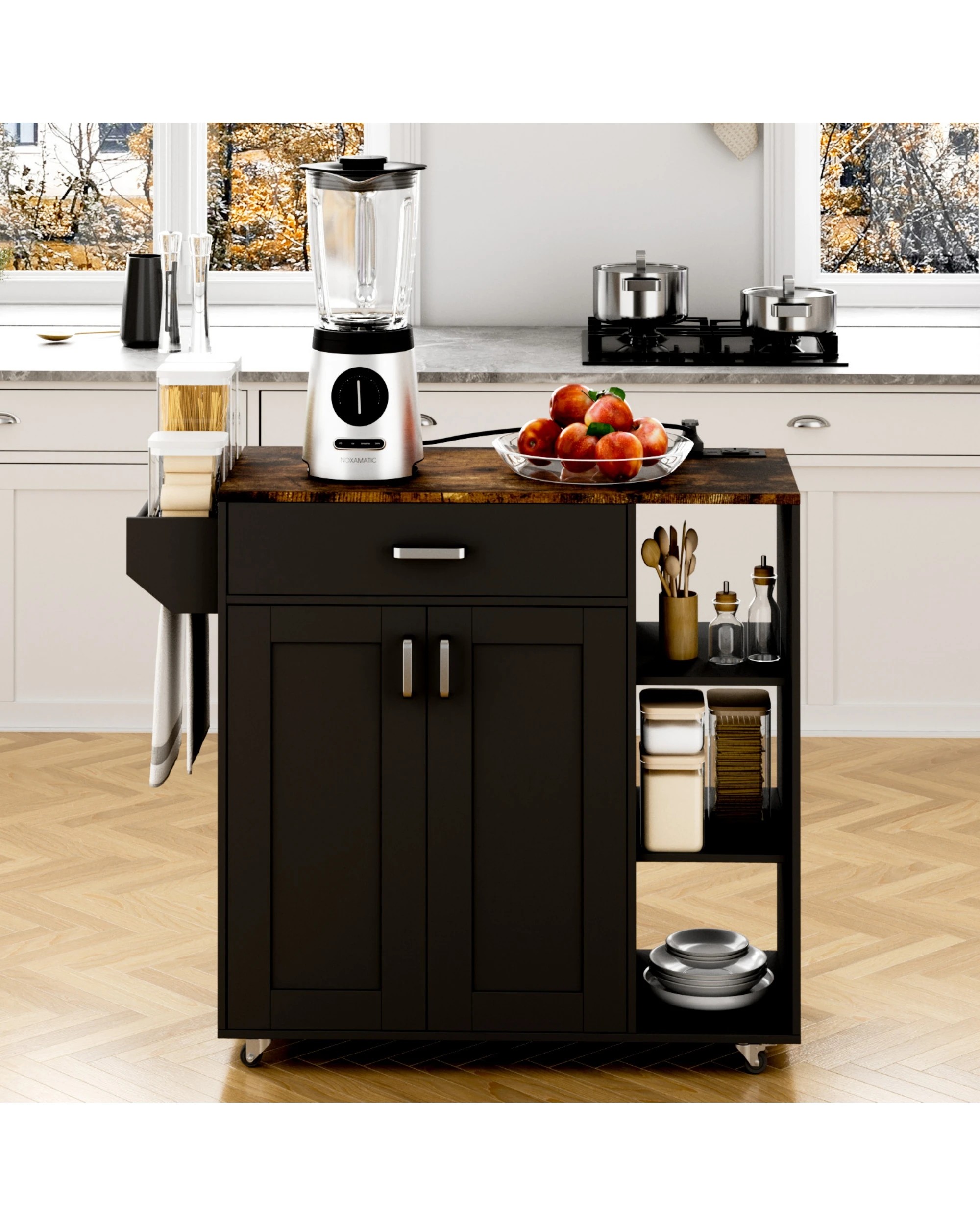 7 Advwin Kitchen Island Cart Rolling Trolley Cabinet on Wheels with Charging Station Adjustable Shelves Spice Rack - Black, 7 of 8