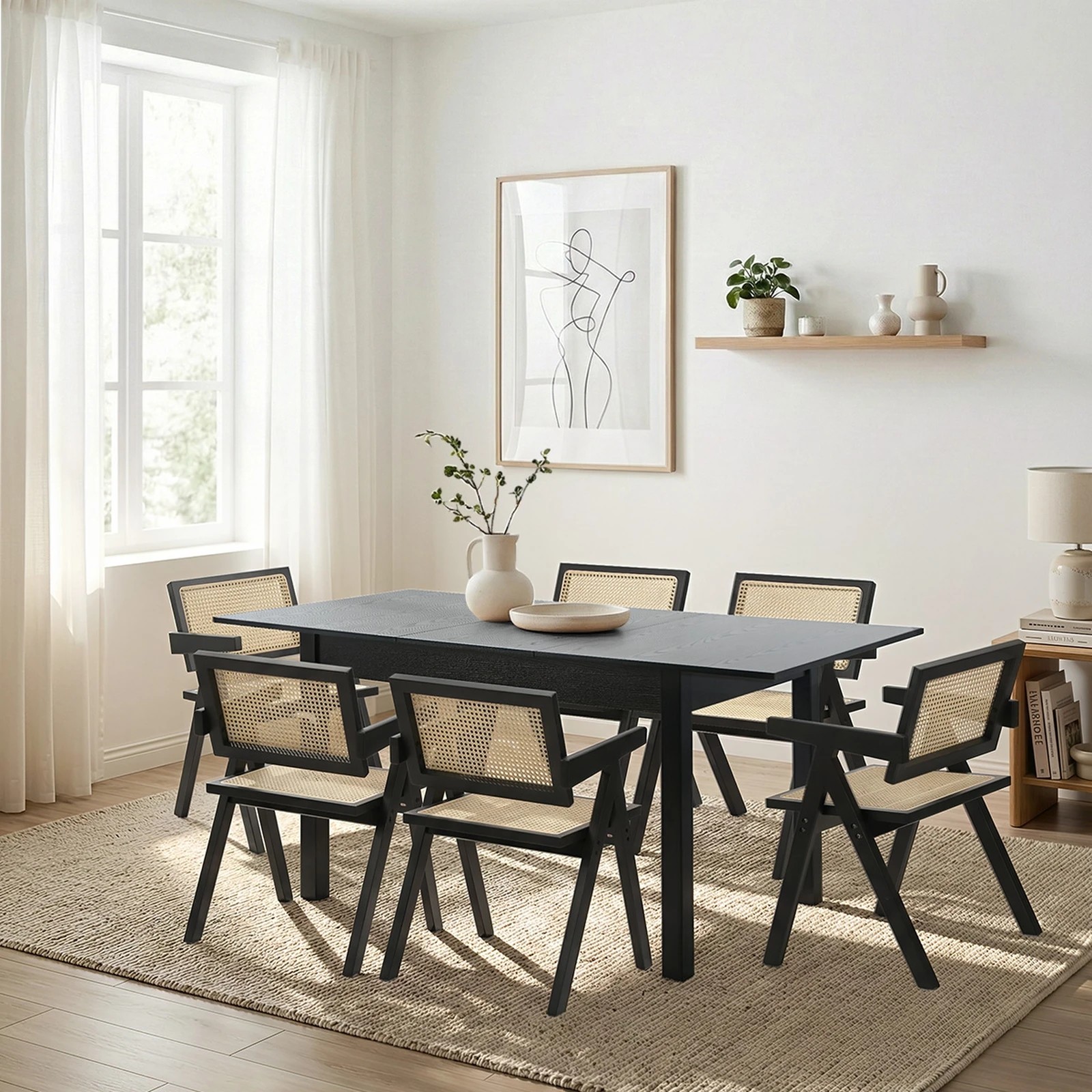4 Oikiture 7pc Extenable Dining Table and Chairs Wooden Dining Set Ratten - Black, 4 of 10
