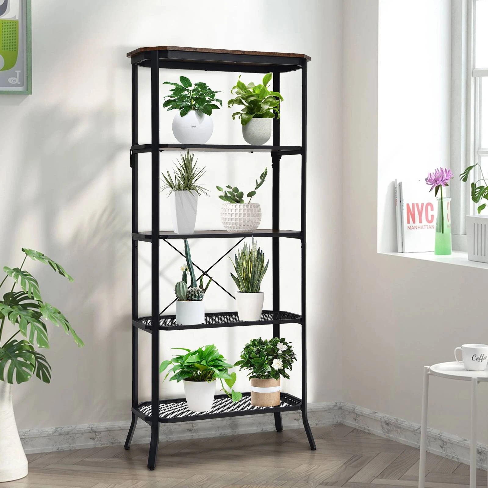 3 Costway 5-Tier Kitchen Storage Rack Steel Frame Organizer Shelf Wood Display Cabinet - Brown, 3 of 5