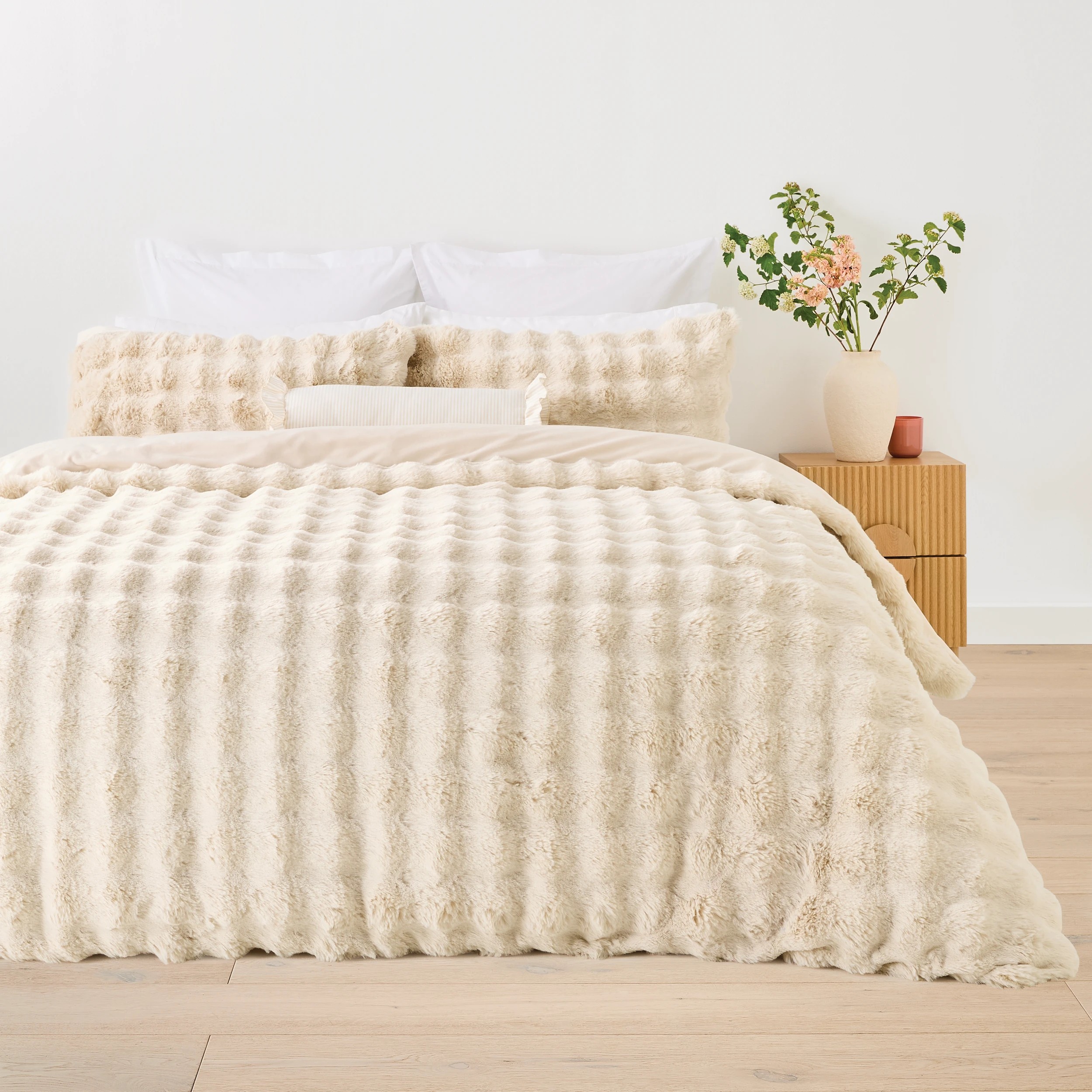 1 Faux Fur Quilt Cover Set - Queen Bed, Beige, 1 of 7