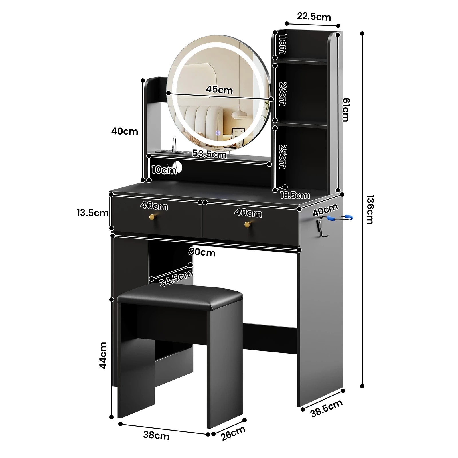 3 Advwin Dressing Table Set with LED Lighted Round Mirror - Black, 3 of 9