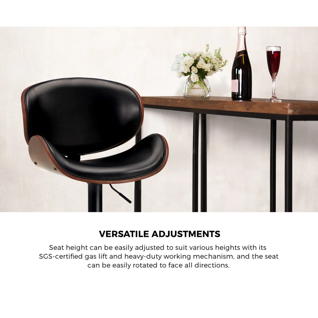 4 Oikiture 2x Bar Stools Kitchen Stool Swivel Chair Wooden Leather Gas Lift
 - Black, 4 of 10